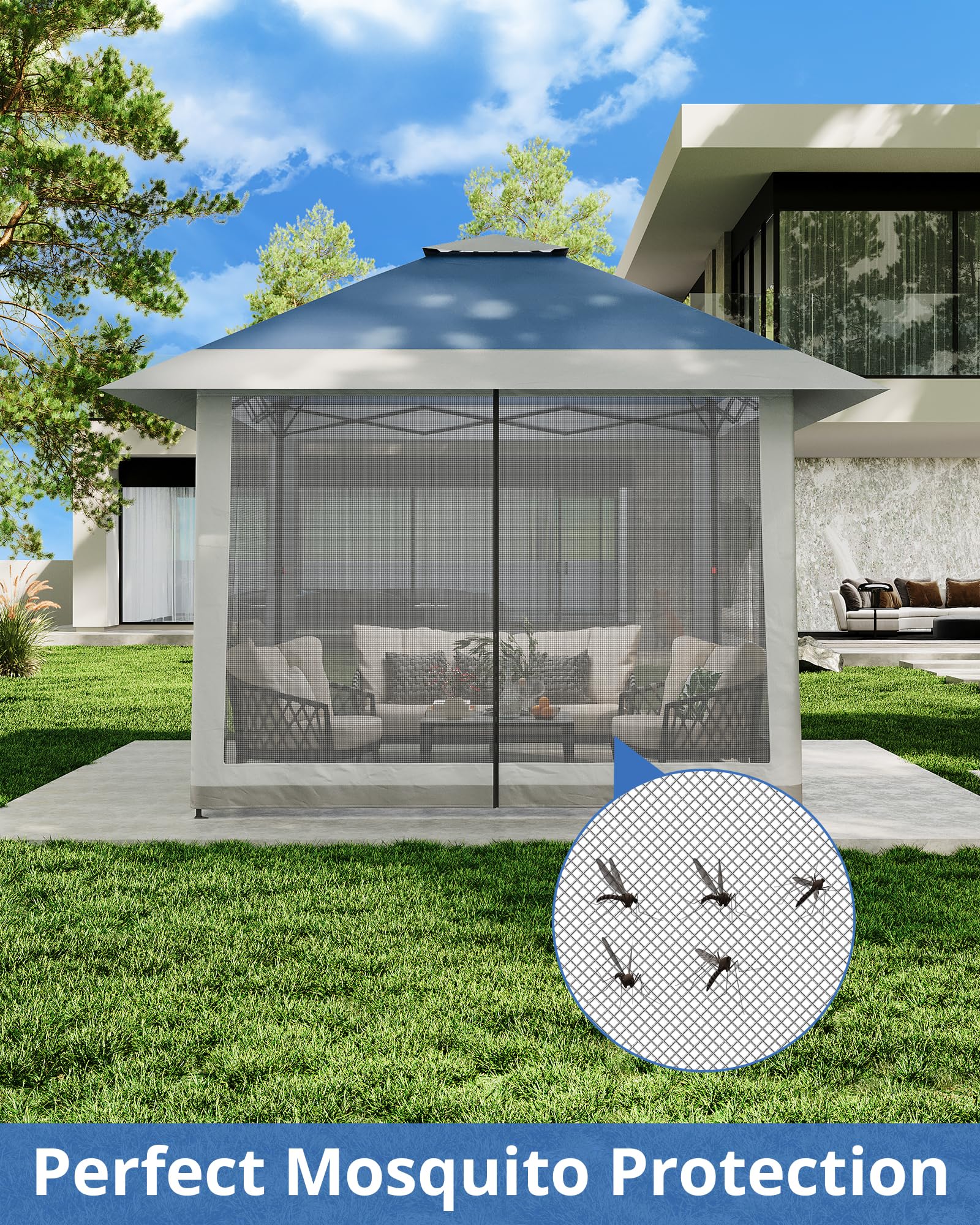 4 x 4 m Pop Up Gazebo, Waterproof Pop Up Tent with 4 Mosquito Net Side Panels, Heavy Duty Gazebo with Carry Bag, 360° Ventilation, Instant Event Shelter for Patio, Garden, Family Parties and Camping - Image 6