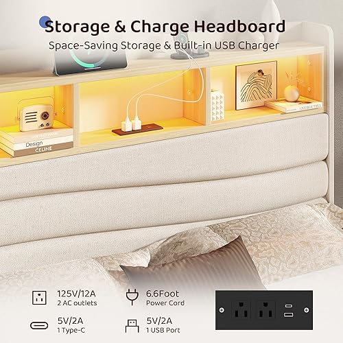 Miniatura 3 de Base de cama tamaño Queen con 6 cajones de almacenamiento, plataforma tapizada de lino con estación de carga y luces LED, diseño de cabecera en