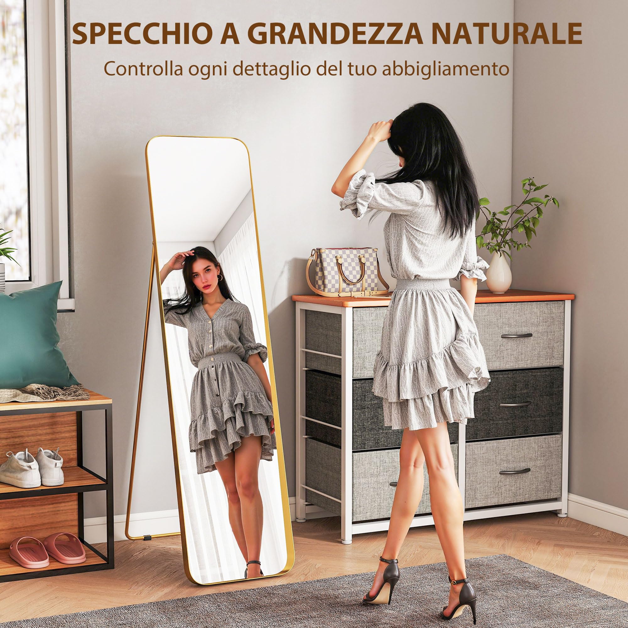 HOMCOM Specchio da Terra Moderno a Figura Intera Antiscoppio 40x160 cm Oro | Specchio Verticale con Cornice, in Vetro MDF e Metallo, per Camera da Letto, Soggiorno e Ingresso