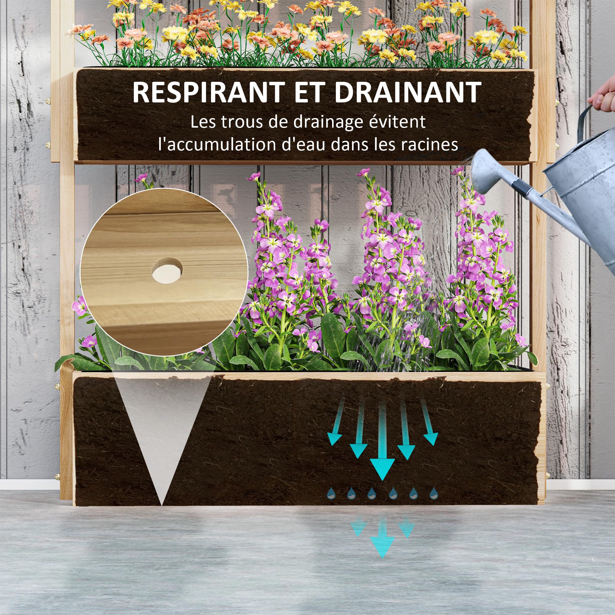 Outsunny Jardinière Surélevée en Bois avec 4 Étages, Doublure, Bois Naturel | Escalier de Fleurs, Trous de Drainage, pour Terrasse, Balcon et Jardin