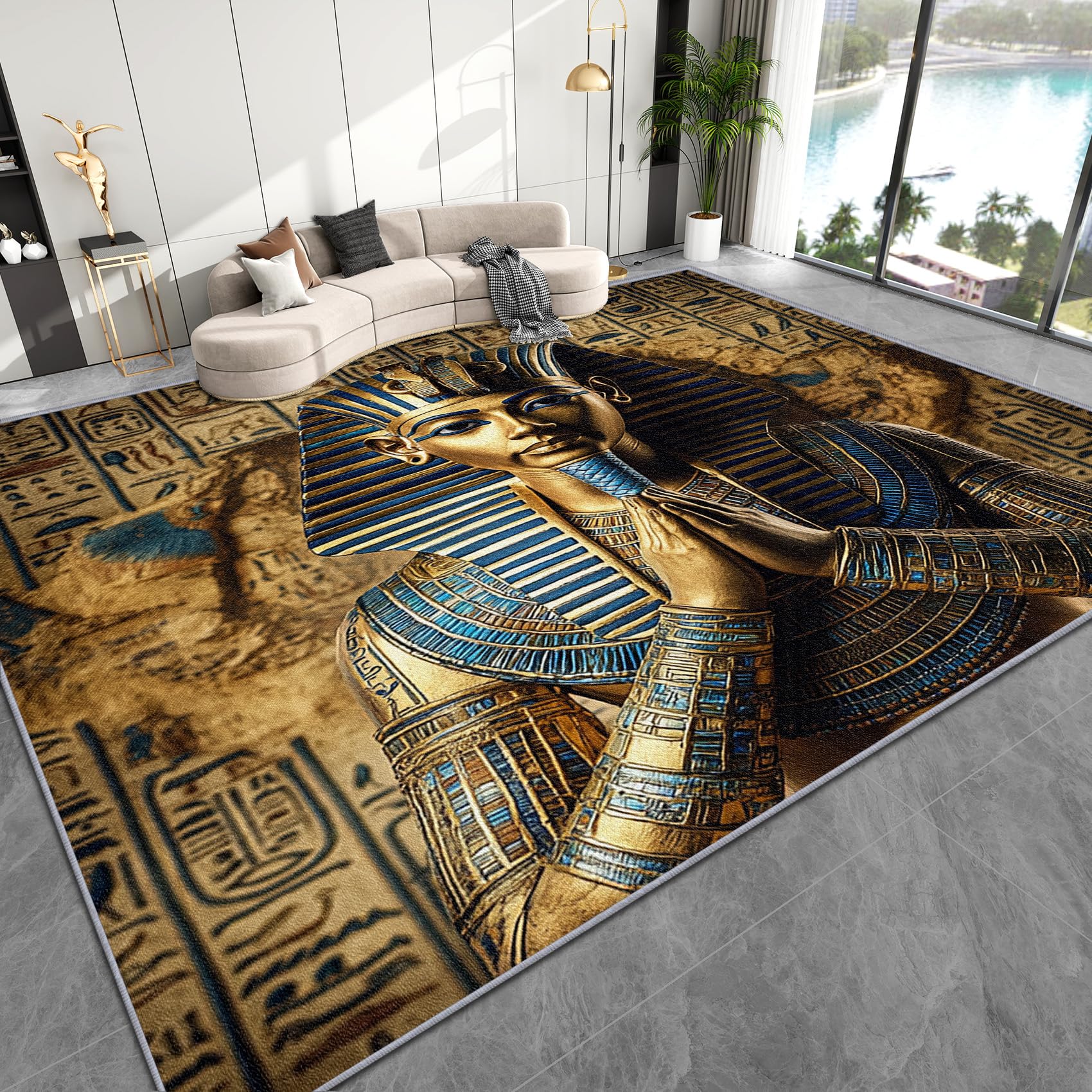 Zoainuos Egyptian Area Rugs for Living Room - 5x7 Rug, Egyptian Pharaoh Living Room Rugs, Ancient Egypt Bedroom Rugs, Vintage Hieroglyphic Carpet,