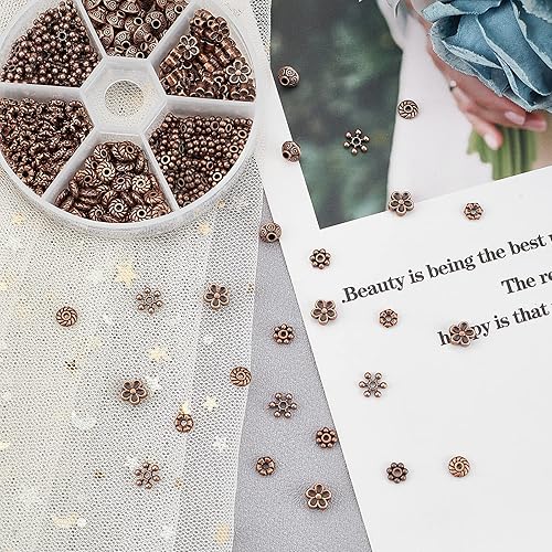 Miniatura 4 de PH PandaHall 410 cuentas espaciadoras tibetanas de 6 estilos, cuentas de joyería de cobre rojo, flores, copos de nieve, planos, redondos,