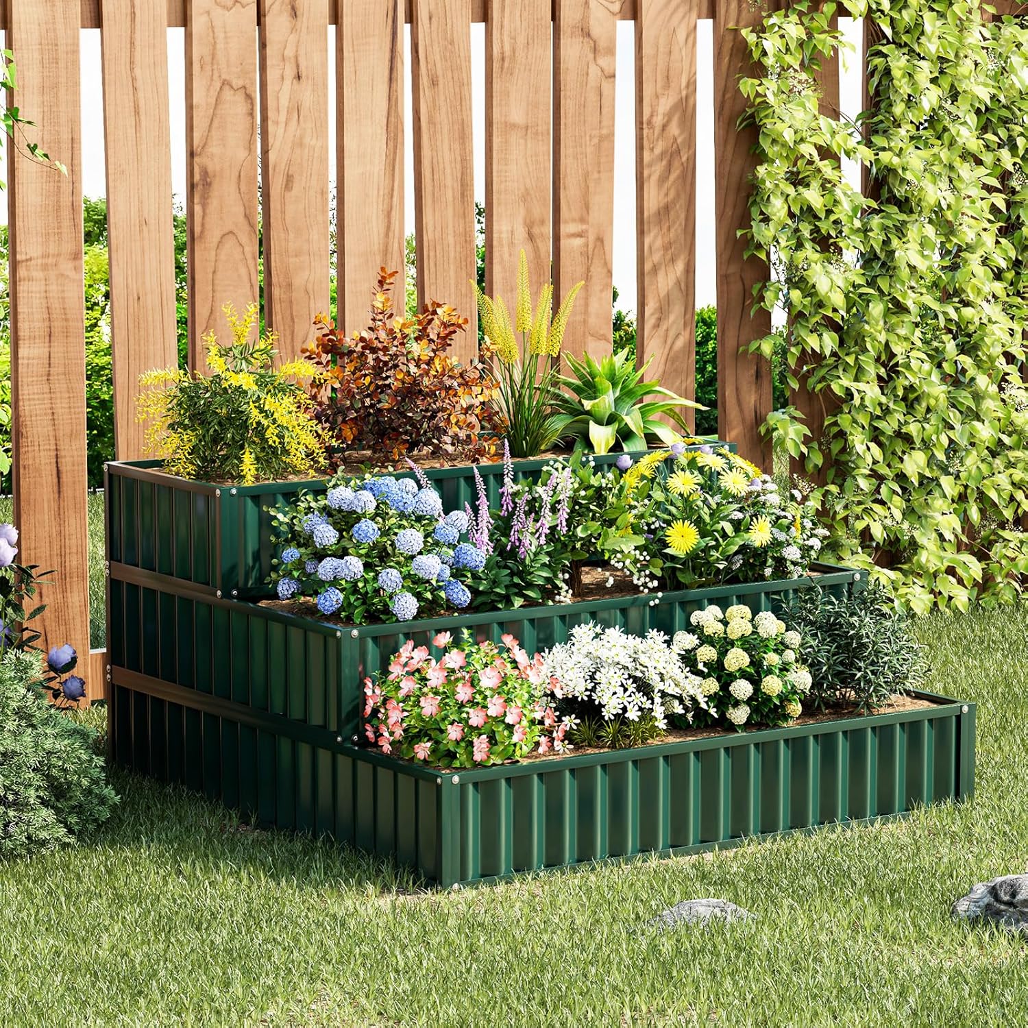 Giantex 3-Tier Raised Garden Bed with various flowers and plants
