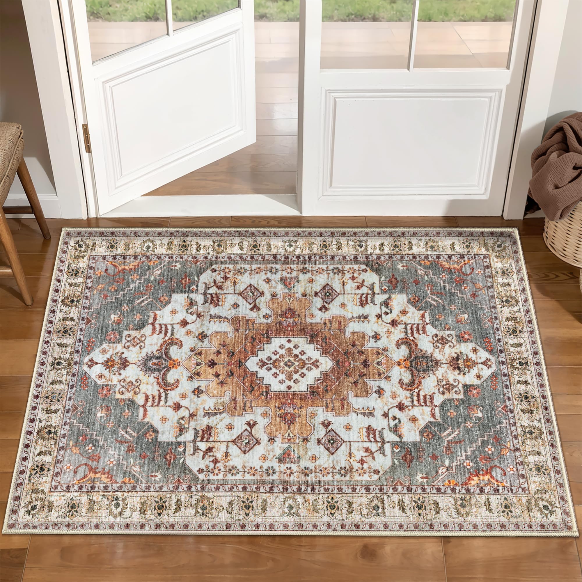 Tangsoo Vintage Rug 2x3 Washable for Entryway, Non Slip Small Area Rug, Indoor Front Door, Print Distressed Turmeric Door Mat Carpet, Soft Low Pile