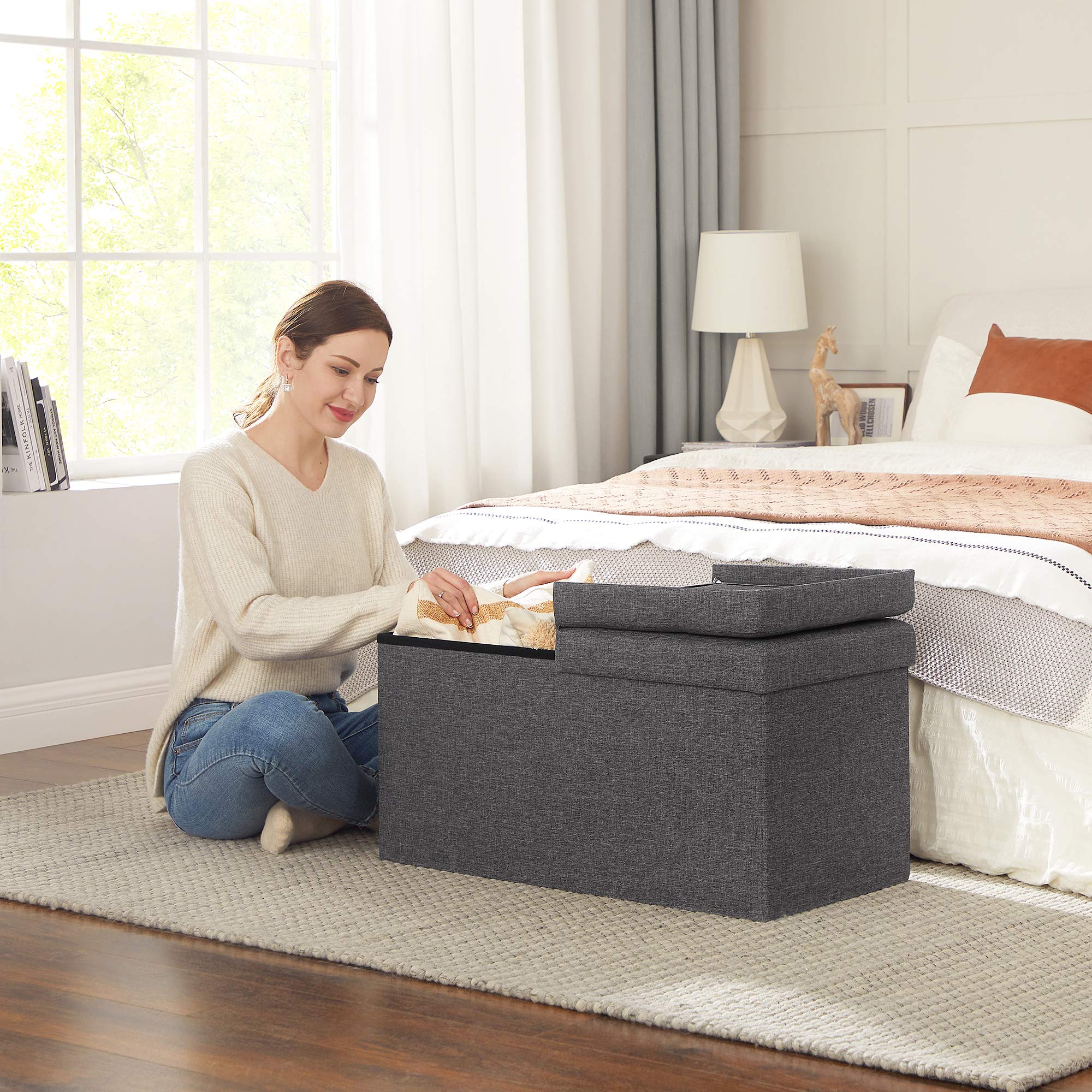 SONGMICS Sitzbank mit Stauraum, 2er Set, Sitztruhe mit Klappdeckel, Aufbewahrungsbox, faltbar, max. statische Belastbarkeit 300 kg, 80 L, 38 x 76 x 38 cm, Leinenimitat, dunkelgrau LSF423G02