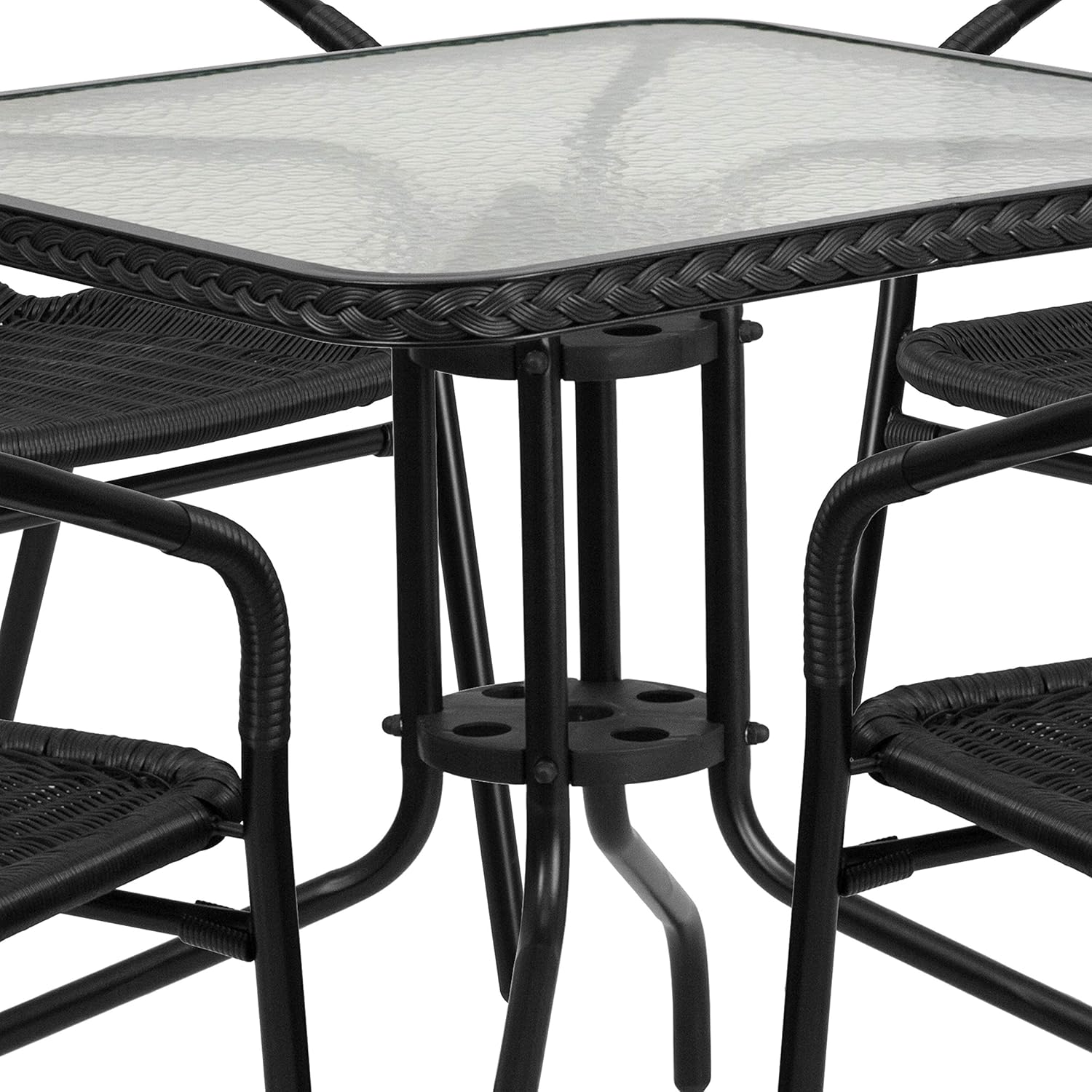Flash Furniture 5-Piece 28" Square Indoor/Outdoor Patio Table and Chairs Set, Dining Set with Glass Metal Bistro Table, 4 Stack Rattan Chairs, Black