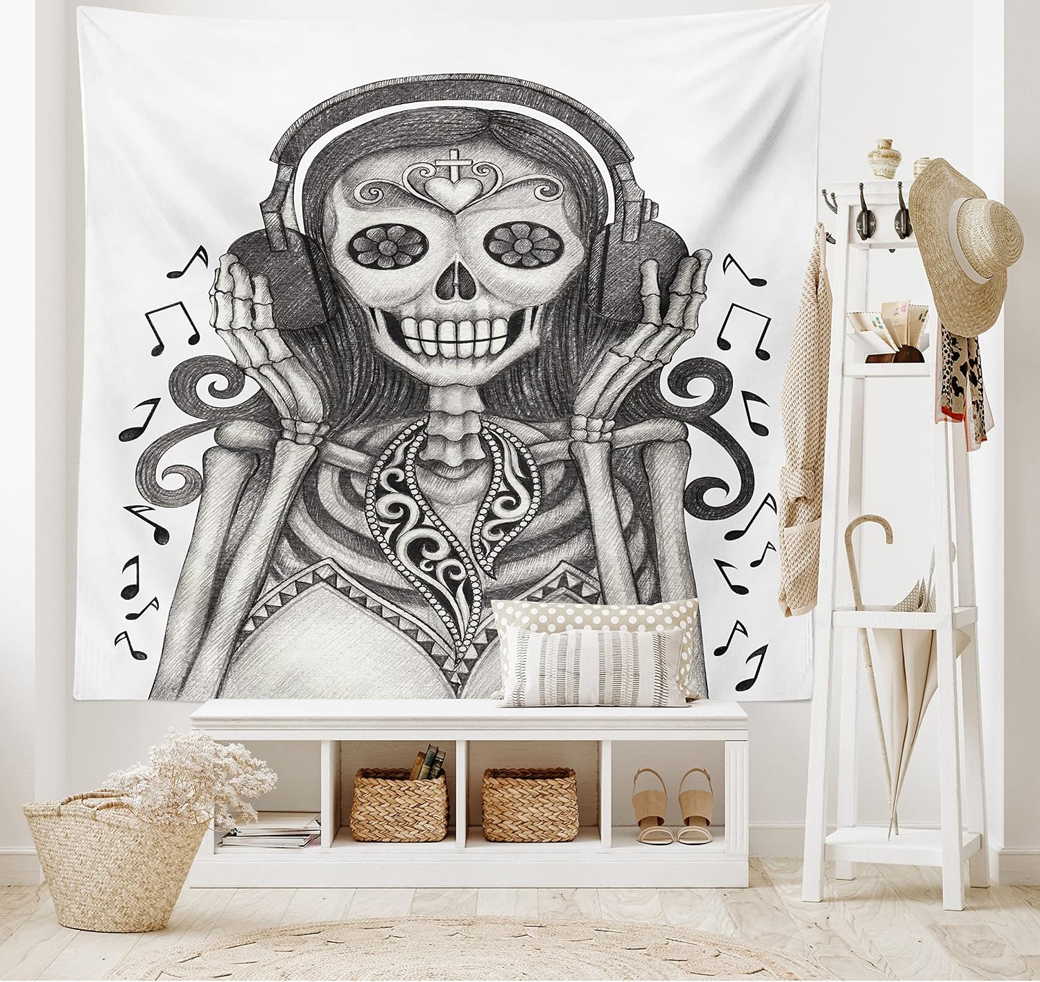 Ambesonne Day of The Dead Tapestry, Dia de Los Muertos Skull and Girl with Headphones Music Lover Print, Wide Wall Hanging for Bedroom Living Room Dorm, 60" X 40", Dust and Dimgrey image 2