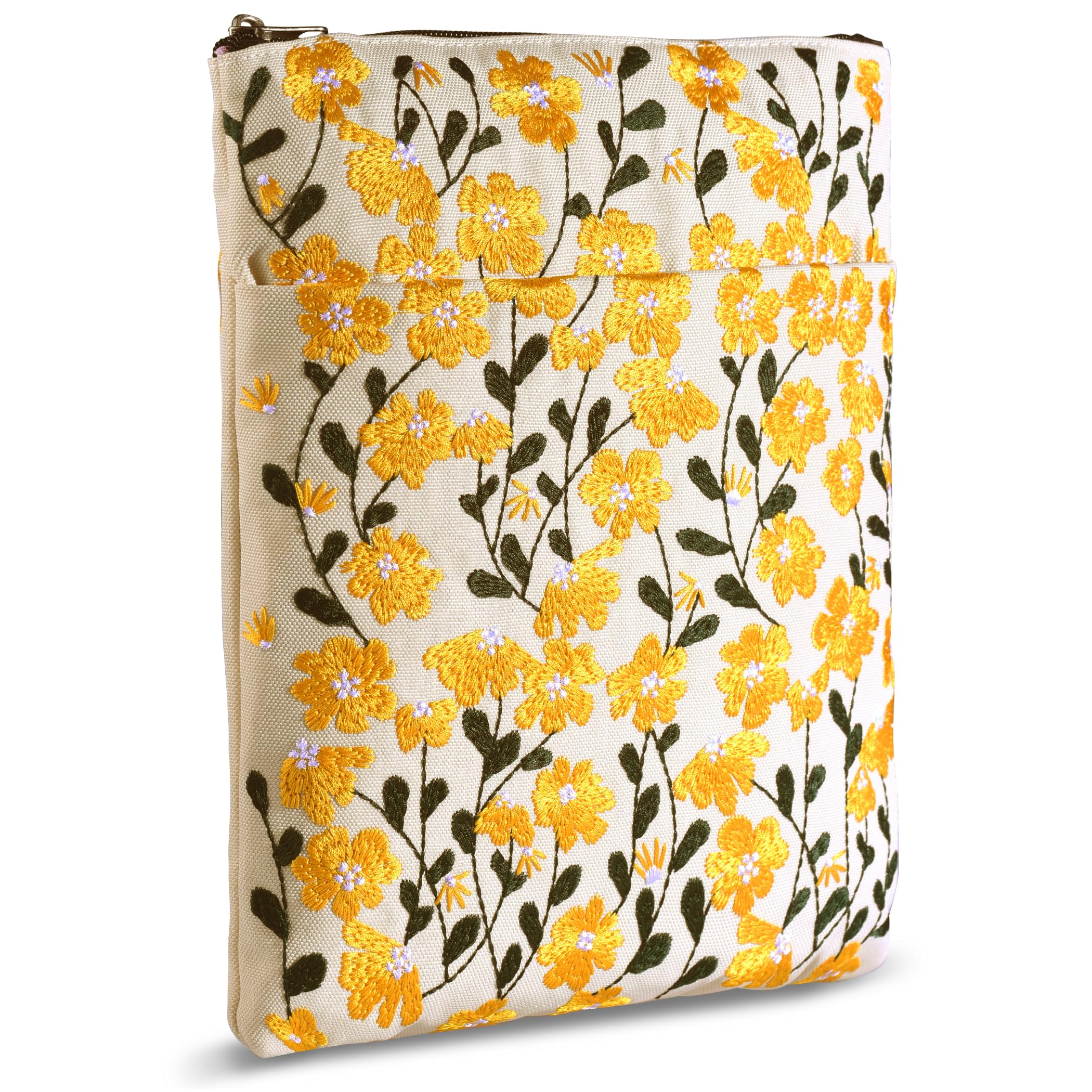 White Daisy Embroidered Book Sleeve - Padded Canvas Cover With Zipper & Front Pocket For Paperbacks & E-Readers