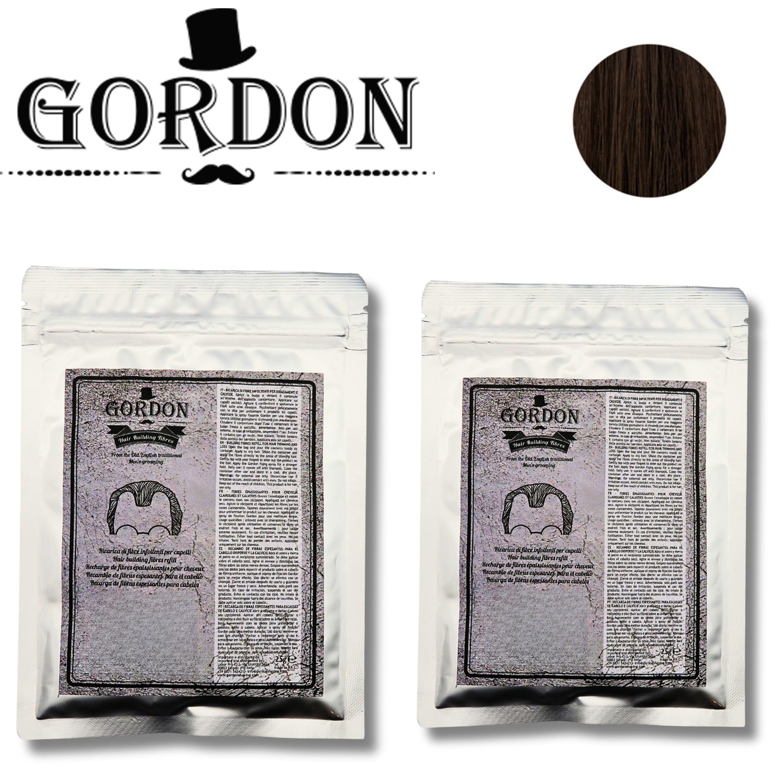 Fibre per capelli Gordon – Ricarica da 25g in busta richiudibile, copertura istantanea per il diradamento. (2 x Castano Scuro - Dark Brown)