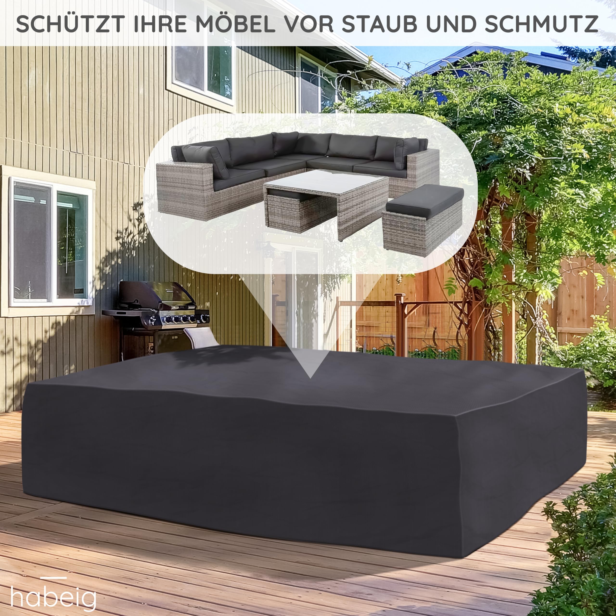 habeig Schutzhülle Abdeckung Gartenmöbel 300x250x90 cm PP-Woven wasserdicht für große Sitzgruppe Schutzhaube