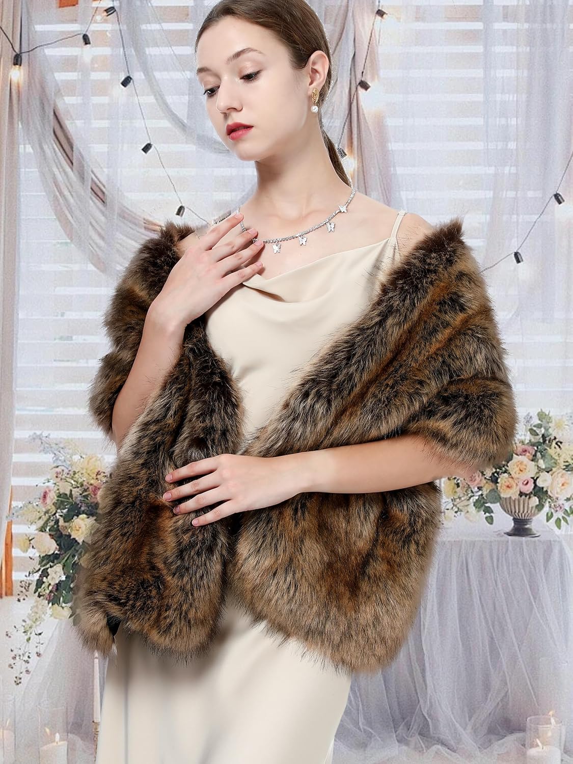 LA CARRIE Women Wedding Faux Fur Long Shawl Bridal Cape Party Stole Winter Scarf Soft Cover Up Shrug Gown Wrap - Image 6