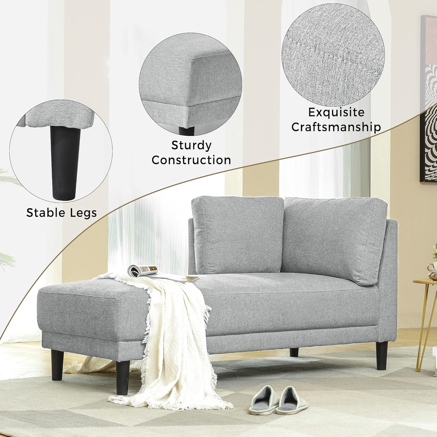 KEVINSPACE Modern Chaise Lounge Indoor with Fabric Chaise Lounges Chair Lounge Sofa Recliner Chair for Bedroom Office Living Room & Small Apartment SEAT Size 65.25Lx 32Wx 34.25 H inch Grey