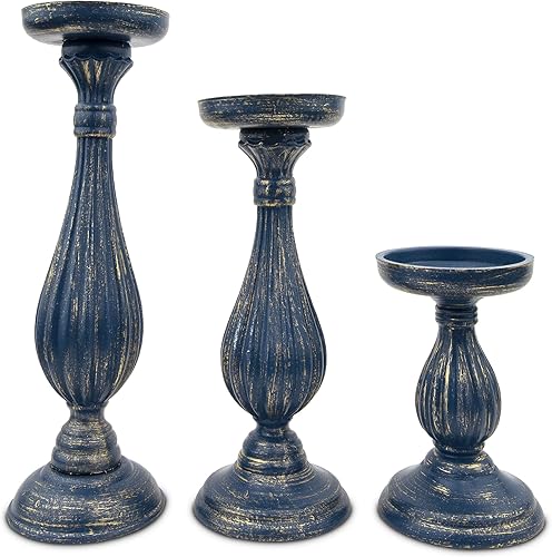 Miniatura 4 de Weddingstar Juego de candelabros de husillo de madera con gradas de 3 piezas - Azul marino