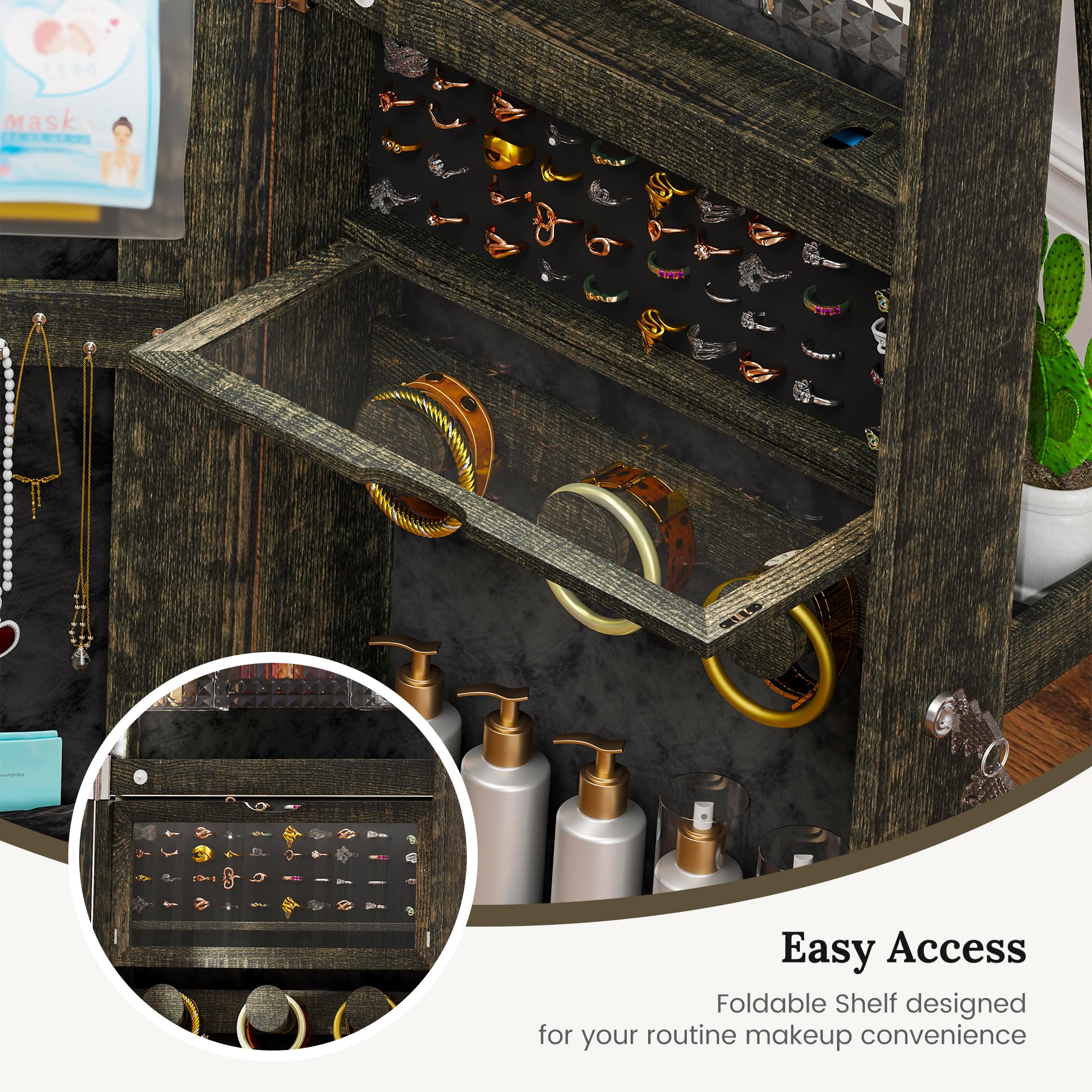 LVSOMT LED Mirror Jewelry Cabinet Standing, 360ยฐSwivel Jewelry Armoire with Full Length Mirror, Mirror with Jewelry Storage and Large Wooden Drawer for Christmas Gifts (): Rustic Grey