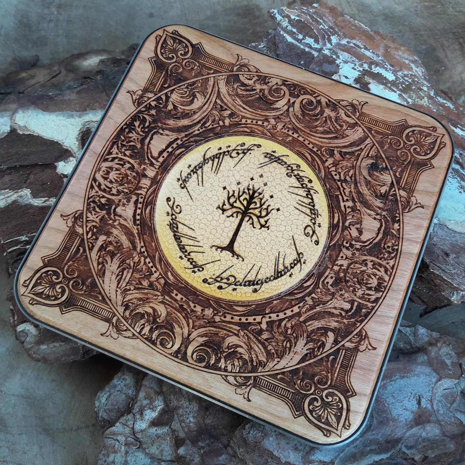 15W Wireless Charger – Hand-Painted Fantasy Tree Symbol on Cherry Wood | Fast Qi Charging Pad with Black Aluminum Base | for iPhone 16, Galaxy S25, S24 | Elven Gothic Desk Art