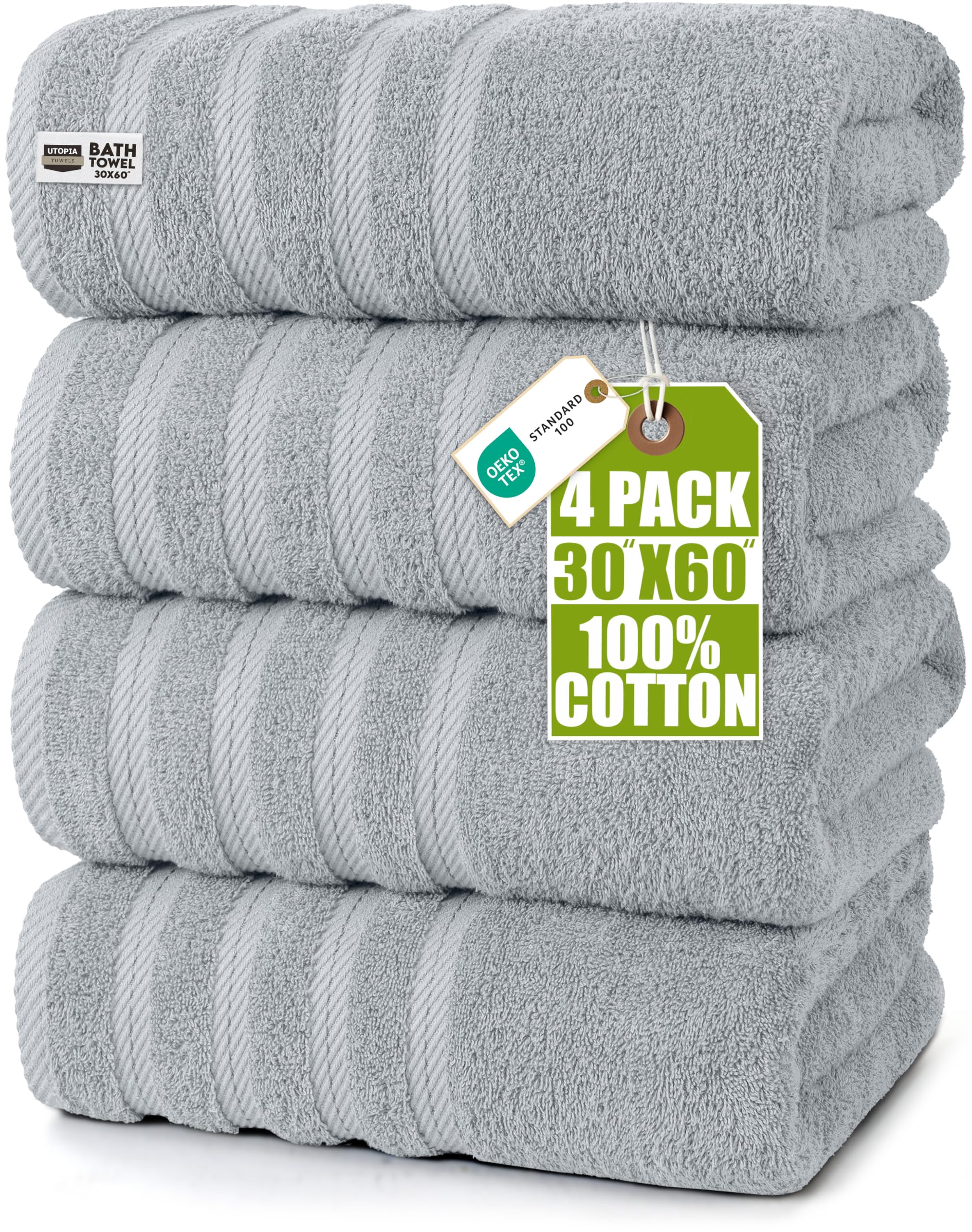 Utopia Towels Juego de 4 Toallas de baño extragrandes, (30 x 60 Pulgadas), 100% algodón Hilado en Anillo, 500 g/m², Ligeras y Altamente absorbentes, Toallas de Secado rápido