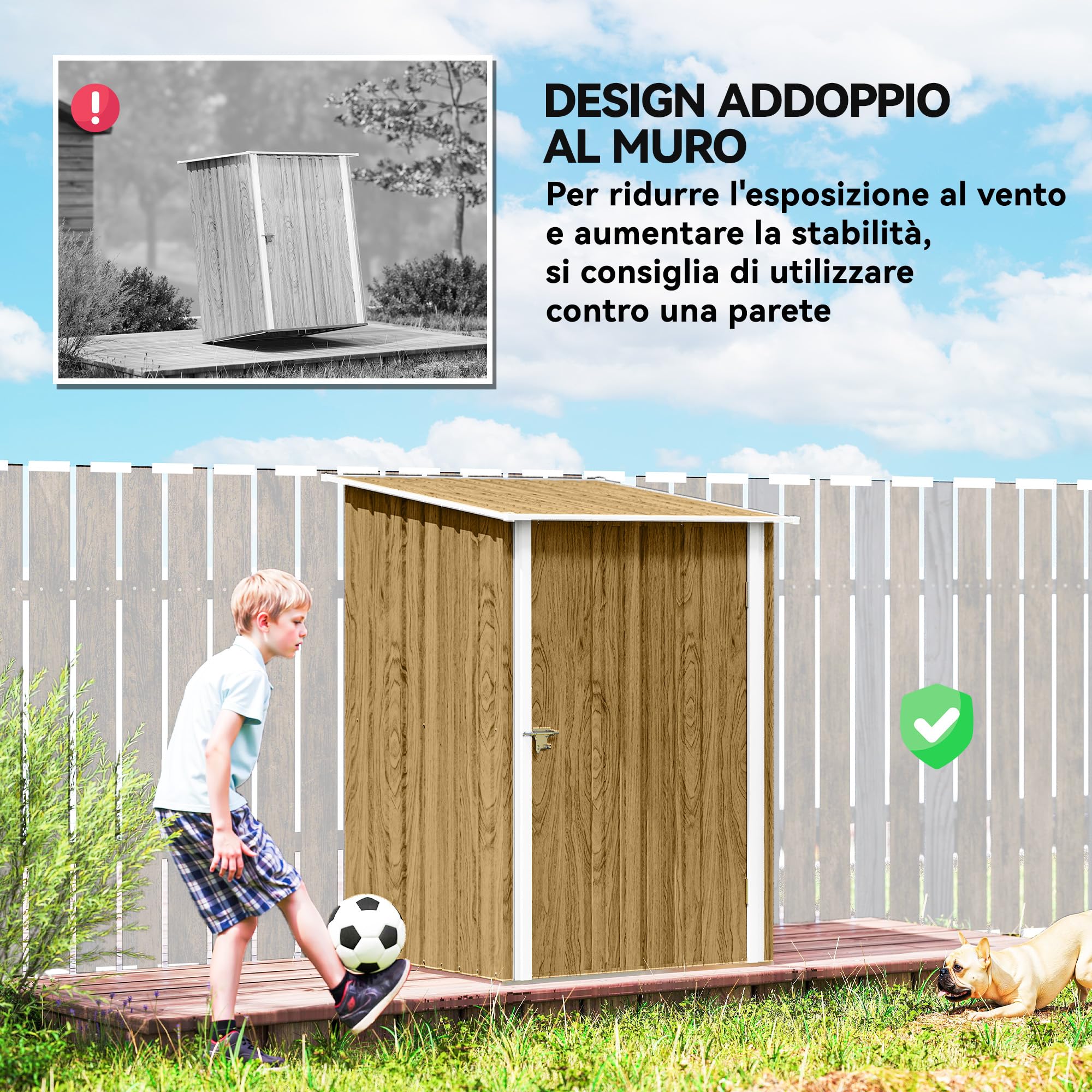 Outsunny Casetta da Giardino 0.92m² Acciaio Zincato 100x104x160 cm Marrone Chiaro Effetto Legno