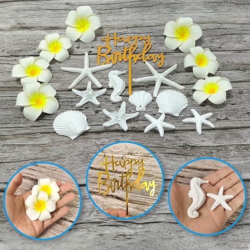Miniatura 3 de 21 piezas de decoración de pastel de flores hawaianas con estrellas de mar artificiales de plumeria para Hawaii Aloha tema de verano, boda,