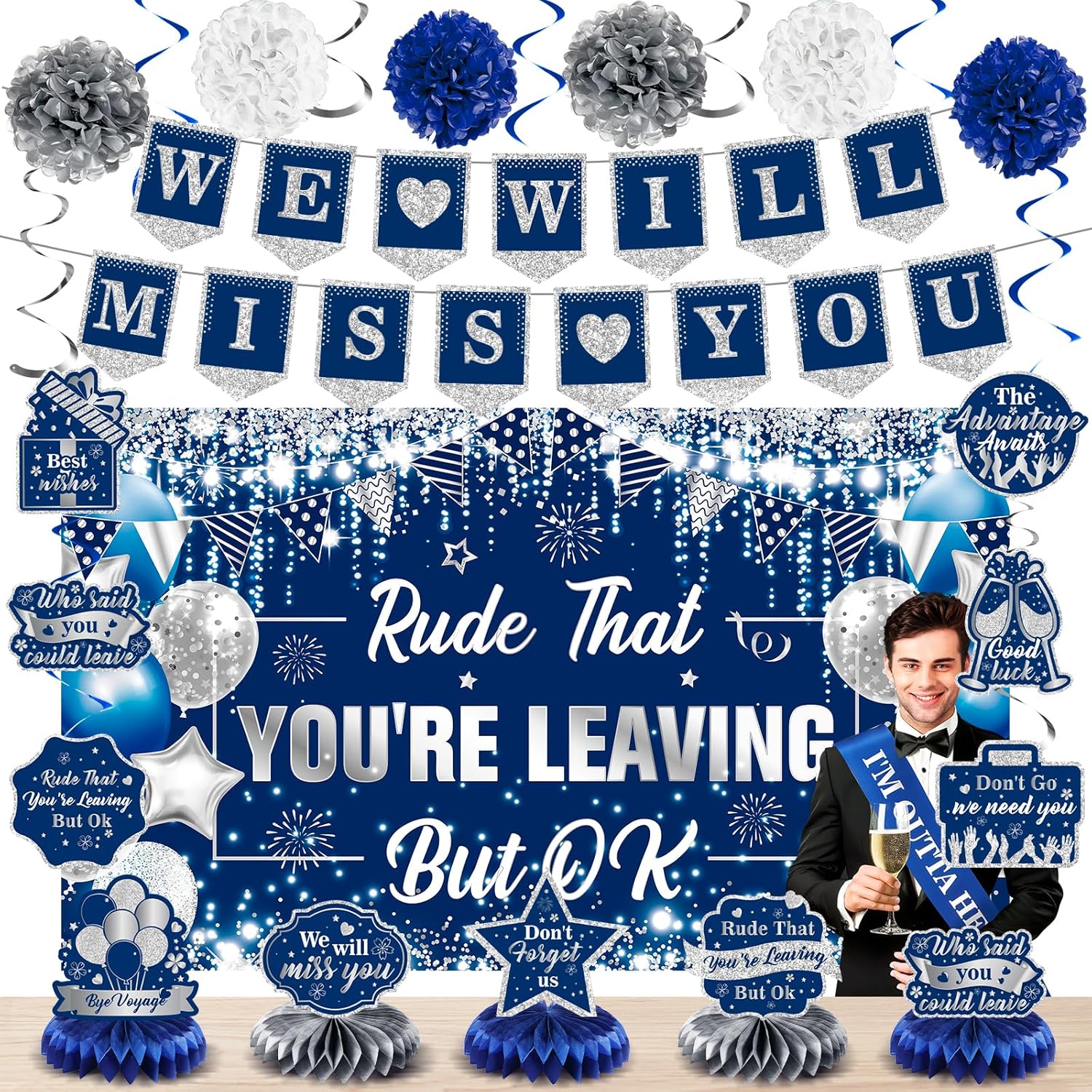Purple Black Farewell Party Decorations We Will Miss You Rude That You're Leaving But Ok Banner Honeycomb Centerpiece Hanging Swirls for Coworker Employee Leaving Goodbye Going Away Party Supplies