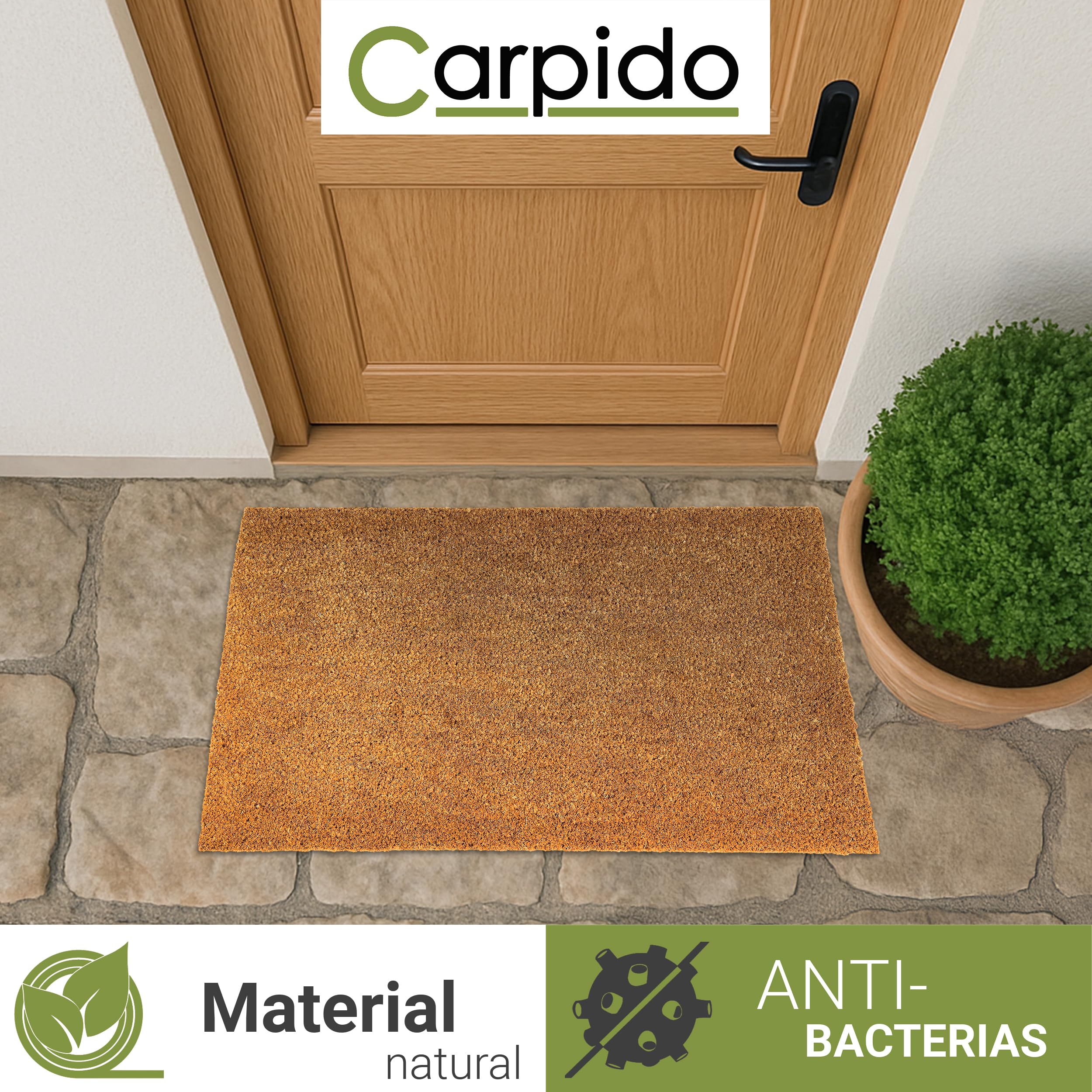 Carpido Alfombrilla antideslizante de coco – 50 x 80 cm 30 mm natural – para interior y exterior cubierto – Felpudo 100% coco – Felpudo para puerta entrada