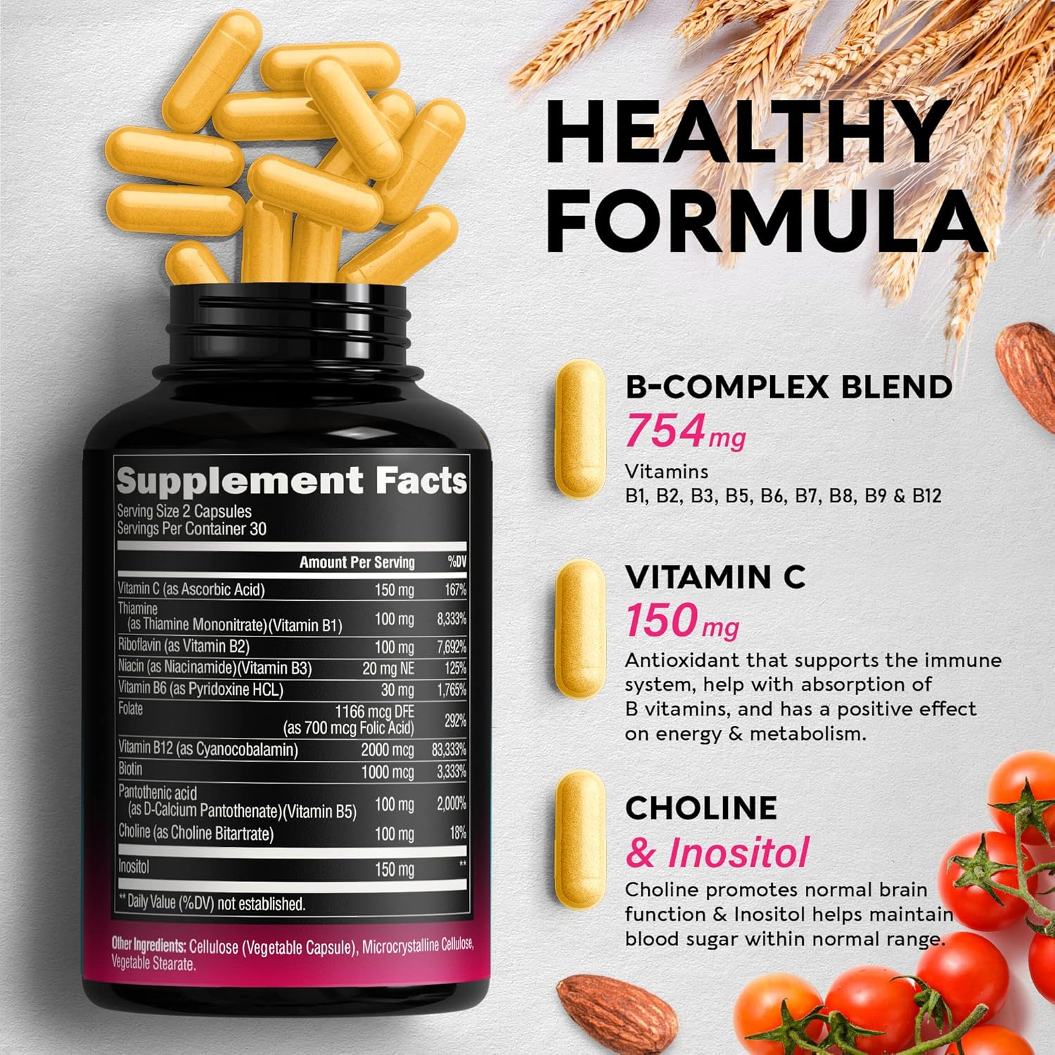 NUTRAHARMONY Vitamin B12 Drops & Vitamin B-Complex Capsules Vitamin C, Choline, Inositol - Methylcobalamin for Energy, Focus & Mood, Brain - Energy, Brain & Heart Support Supplements - Made in USA : Health & Household