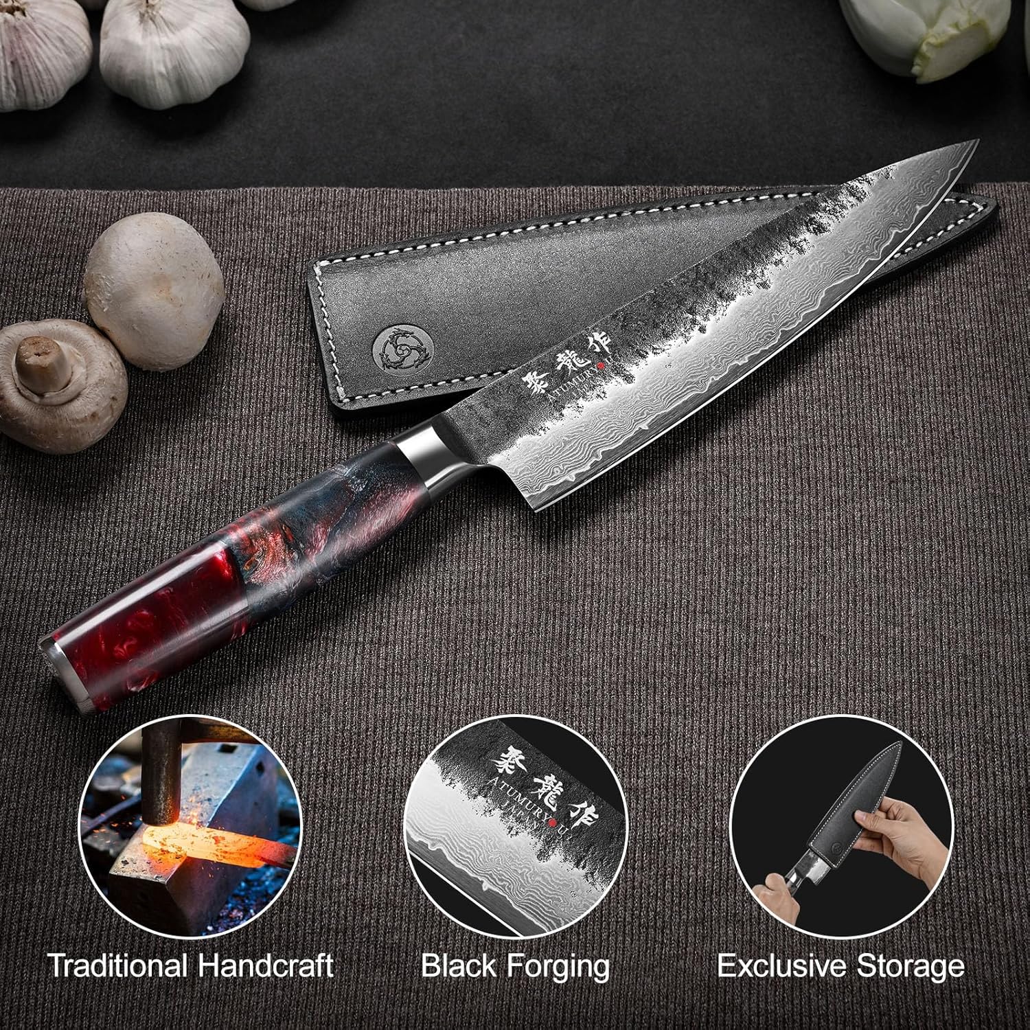 Japanese Chef Knife, 8 Inch VG10 Damascus Kitchen Knife, Professional Black Forged Kitchen Knives with Red Ergonomic Handle, Leather Sheath & Luxury Gift box, Mothers Day Gifts for Mom Wife