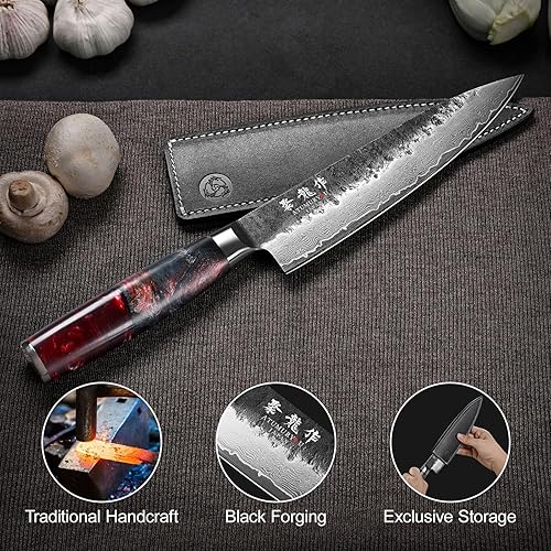 Miniatura 5 de Cuchillo de chef japonés, cuchillo de cocina VG10 Damasco de 8 pulgadas, cuchillos de cocina profesionales forjados negros con mango ergonómico