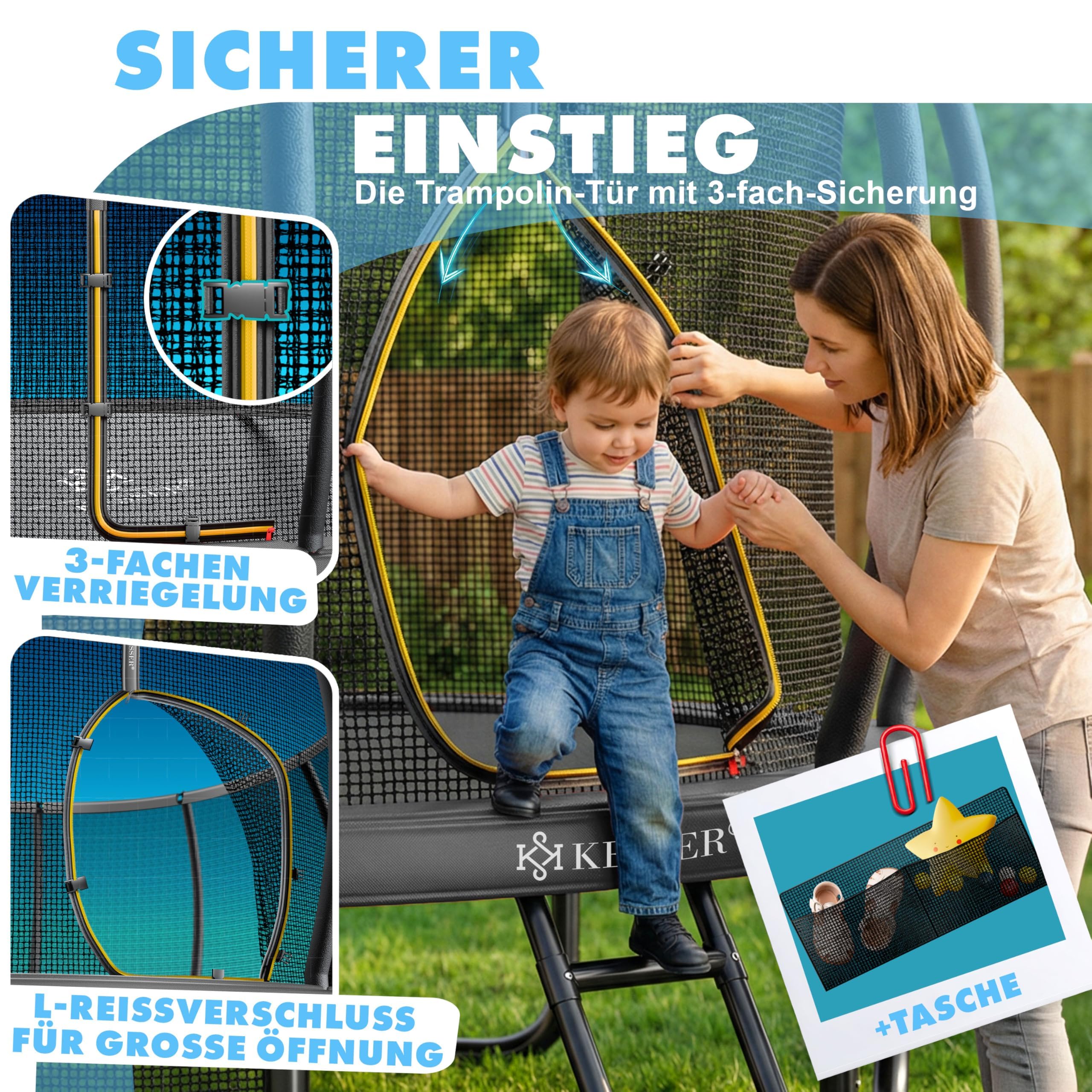 KESSER® Trampolino esterno Ø 244/305/366/427 cm, certificato GS trampolino da giardino per bambini e adulti < 150 kg con rete di sicurezza, inclusa borsa, scala, copertura del bordo e aste in rete