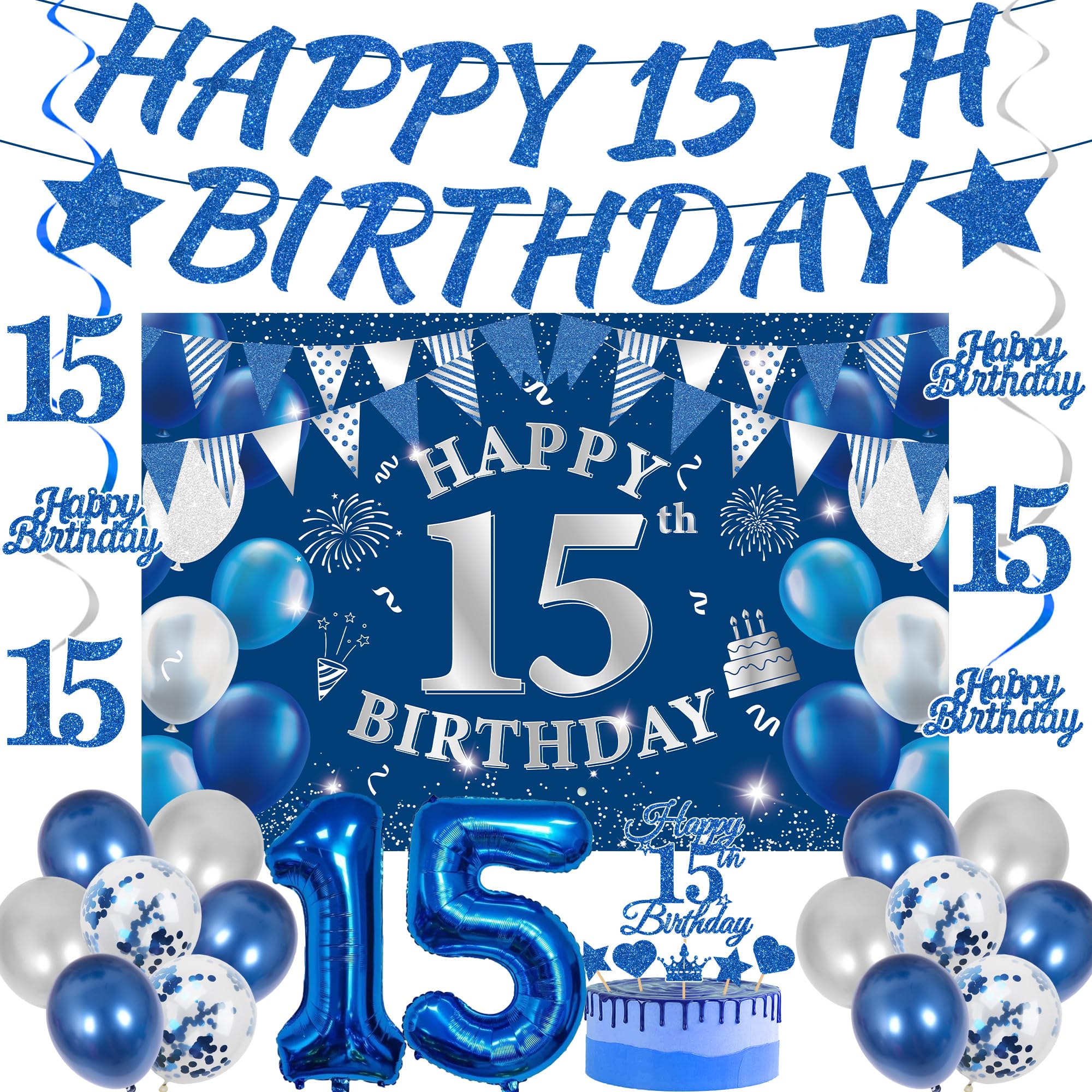 15th Birthday Decorations Boys Set - 31 Pcs Blue Silver Party Supplies with Happy 15th Birthday Banner Cake Topper number 15 Foil Balloon Latex Balloons and Backdrop for 15 Year Old Party Decor — image 1