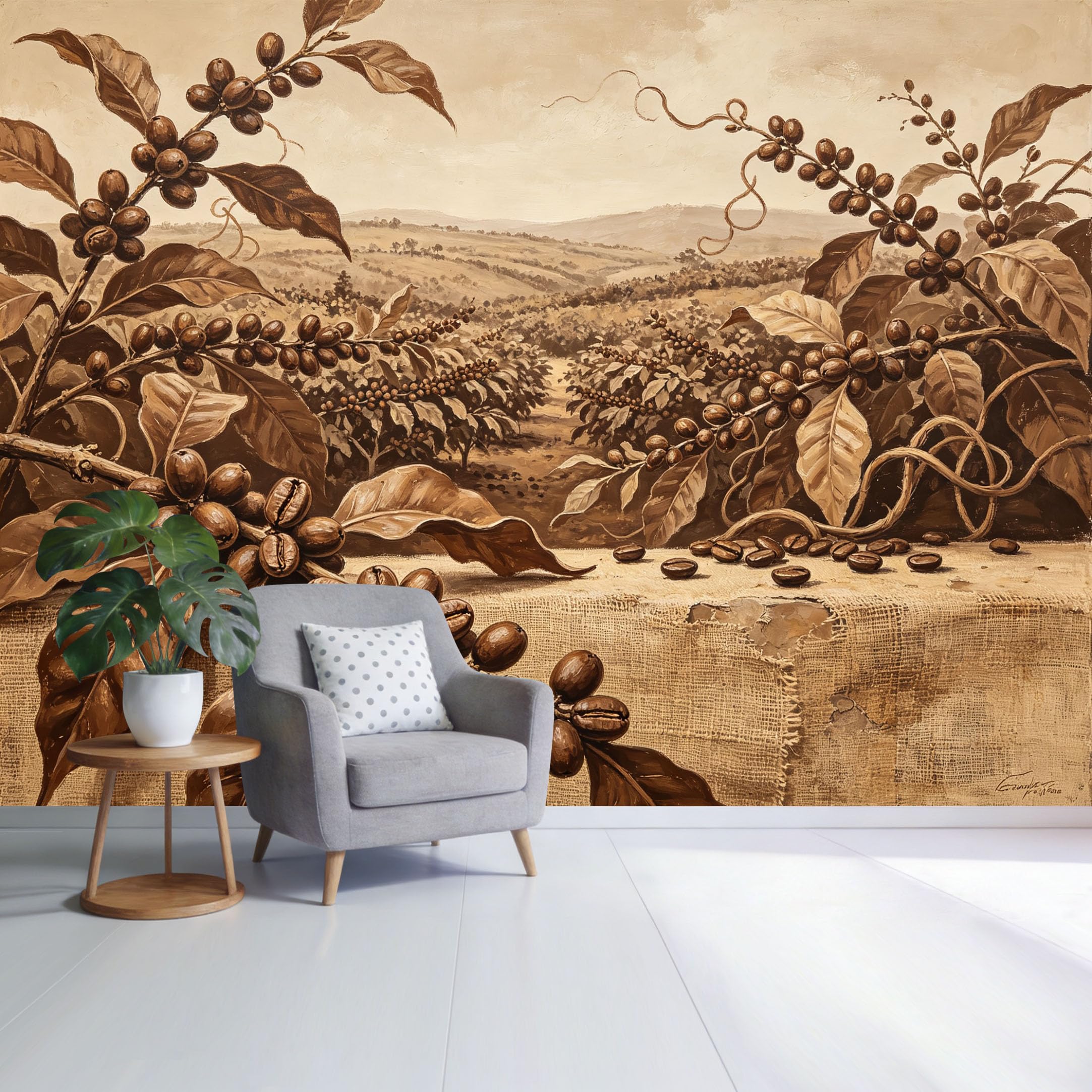 Custom Size Wall Mural Coffee Plantation Landscape Botanical Sepia Art SelfAdhesive Wall Fabric Removable Wallpaper for Home Office Decor