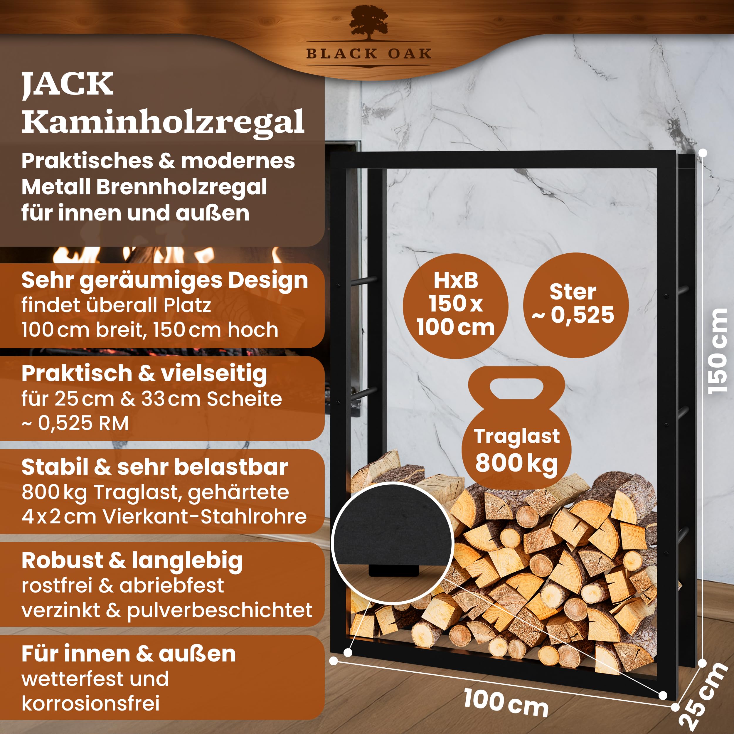ML-Design Brandhoutrek 40x150x25 cm rechthoekig Zwart, Metaal, Binnen