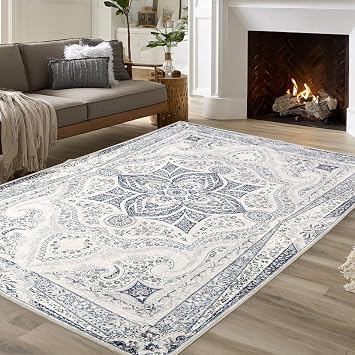 XWZO 5x7 Area Rugs Washable Rug for Living Room,Non-Slip Bedroom Rug Vintage Print Pattern Large Carpet for Office Dining Room Low Piles Indoor Carpet,Blue,5x7