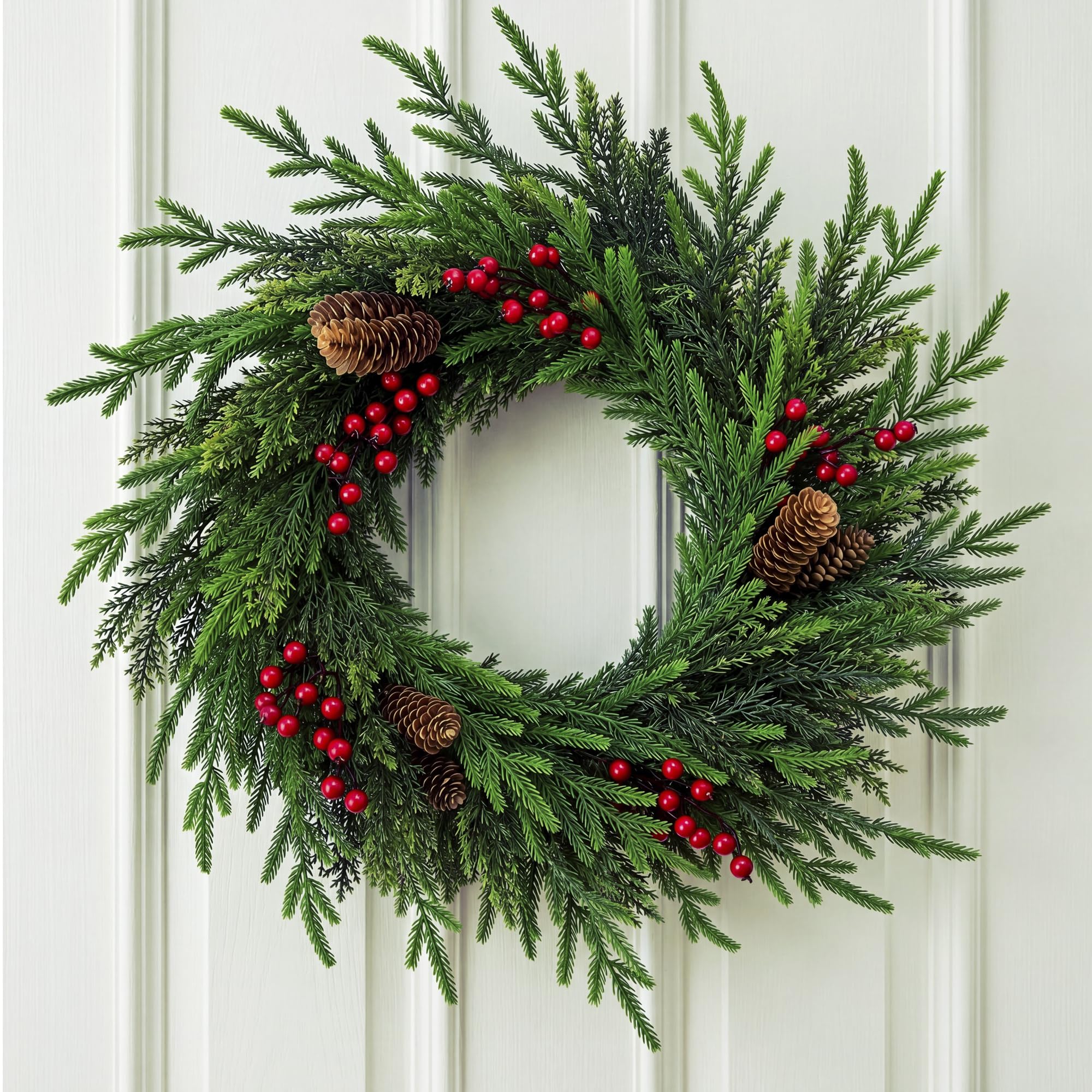 24 Inch Norfolk Pine Wreath for Front Door, Artificial Christmas Wreath