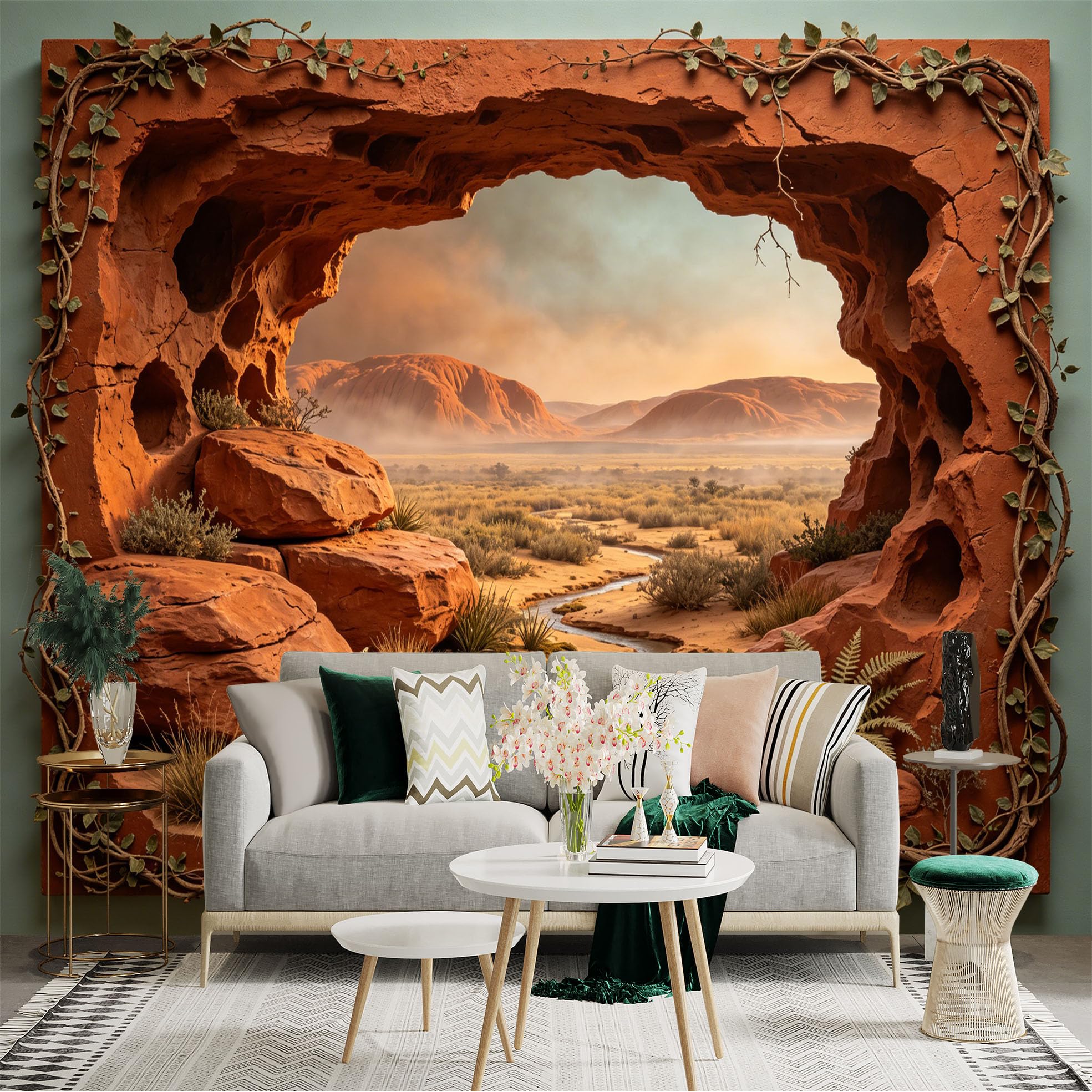 Custom Size Wall Sticker Mural， Desert Canyon View with Red Rocks， Stream and Sunset Landscape， for wall Decoration， peelandstick wall Decals.