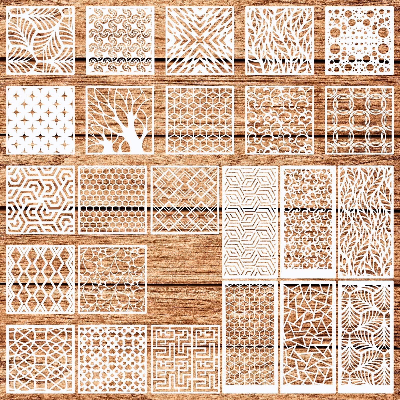 24Pcs Geometric Stencils for Painting, Reusable Abstract Layering Stencils for Crafts Painting on Wooden Furniture Floor Drawing Card Cake Rock Decoration