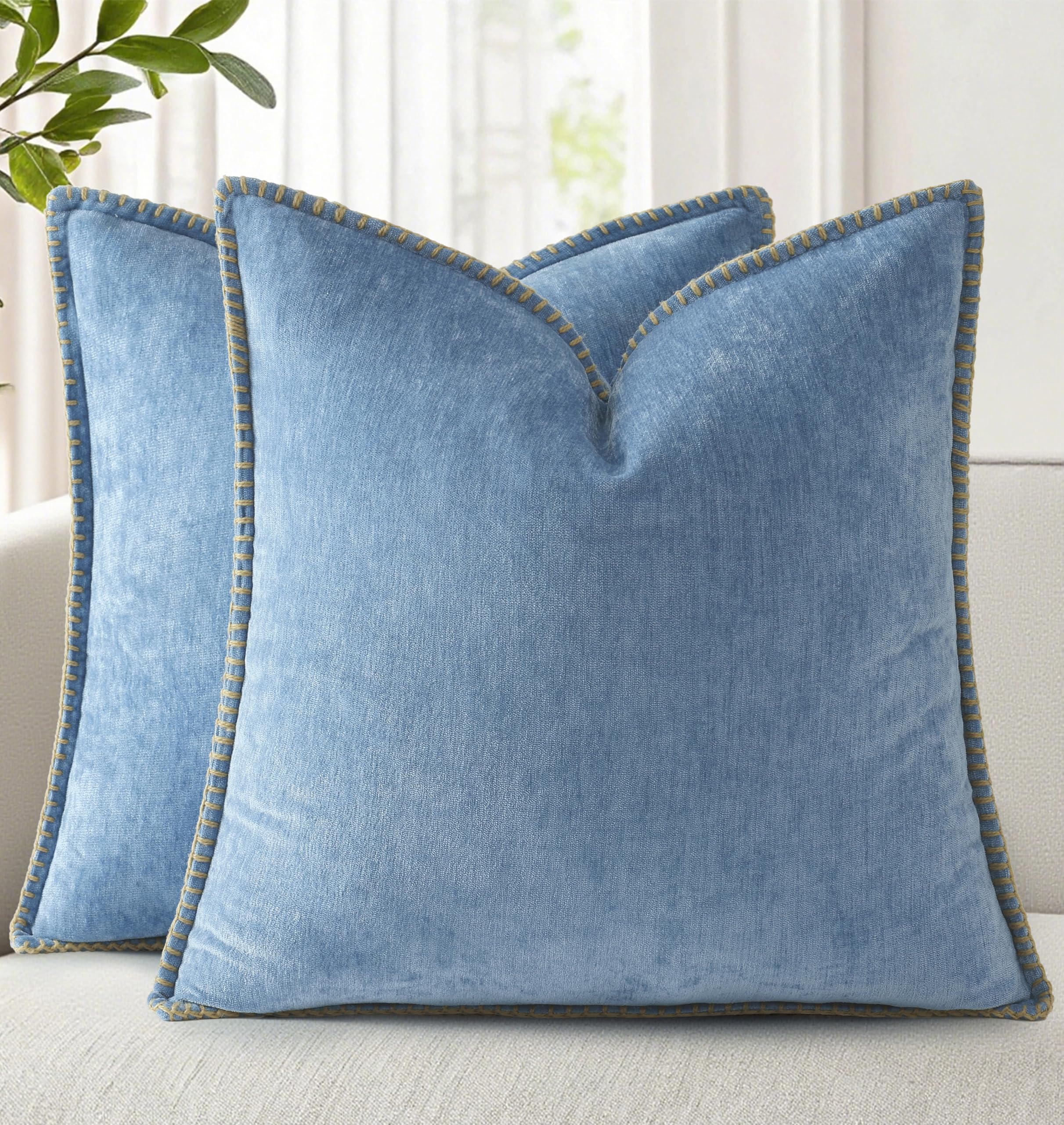 decorUhome Soft Chenille Throw Pillow Covers 18x18 Set of 2 Blue | Fall Textured Decorative Throw Pillow Cases Stitched Edge Modern Farmhouse Luxury Boho Velvet for Couch Sofa Bed Home Decor