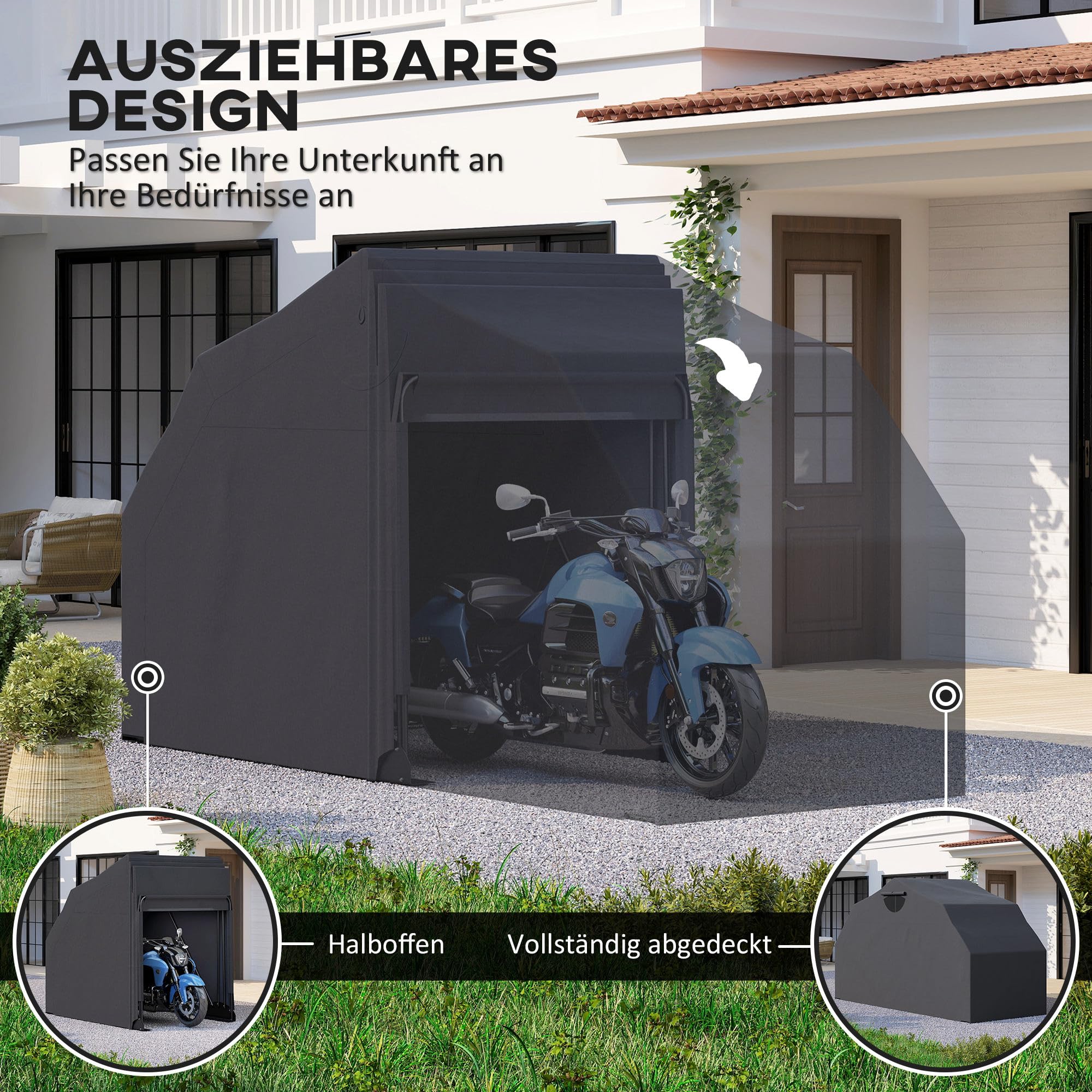Outsunny Motorrad Abdeckplane Faltbar Outdoor Motorradabdeckung mit Fenster Wasserdicht Motorradgarage Oxford Stoff Motorradplane Abdeckung für 2 Motorräder Motorroller 345cmx135cmx191cm Schwarz