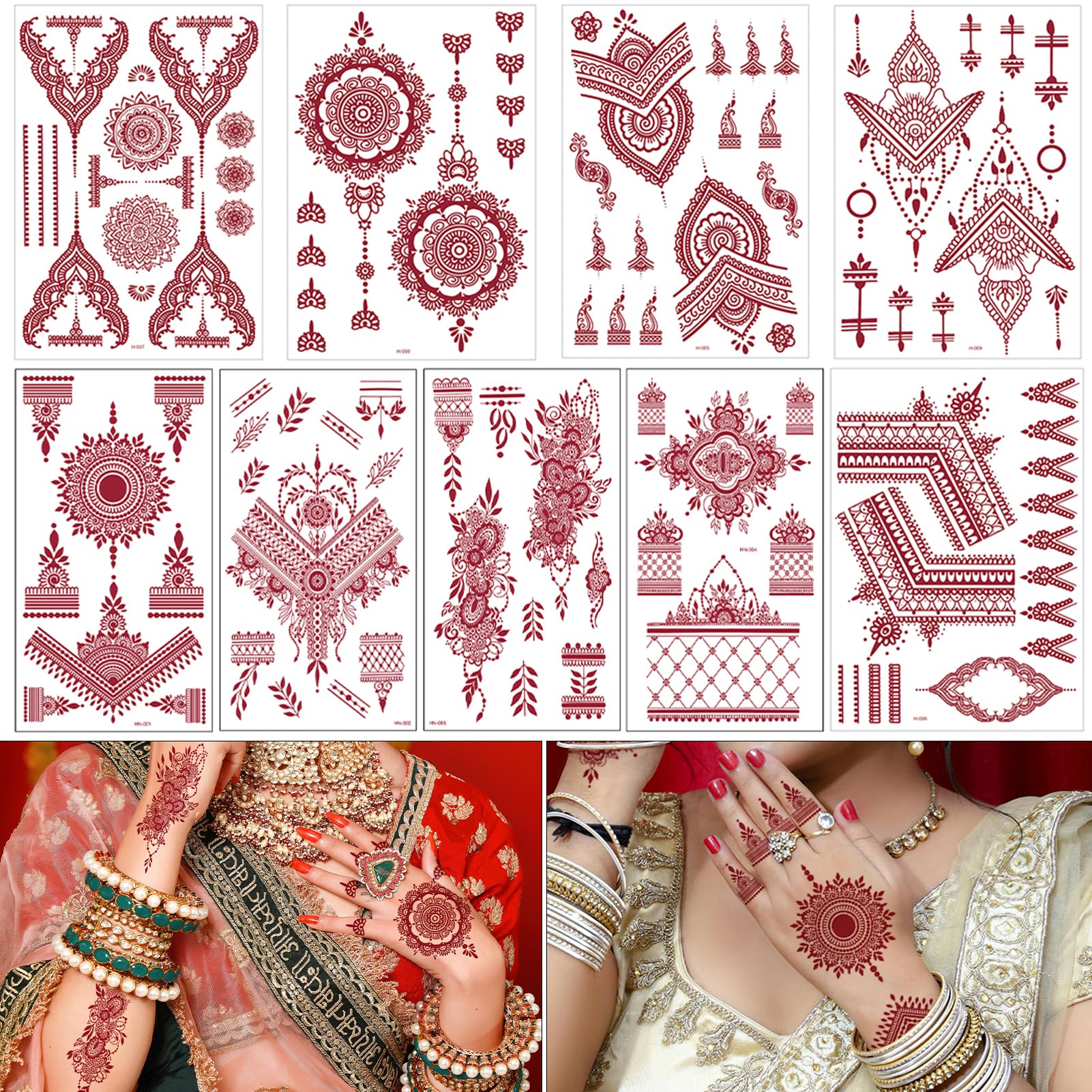 Brown Tattoos Stickers, 9 Sheets Mehndi Temporary Tattoos Set Waterproof Tattoo Stickers for Hand Arm Adult Girls