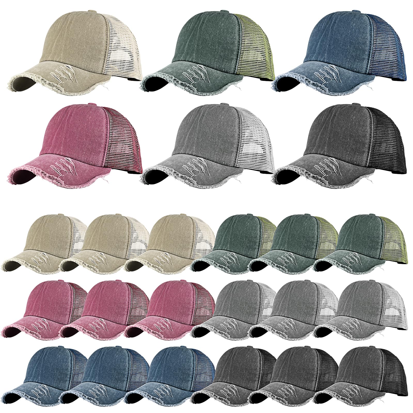 24er Pack Baseballkappe Damen & Herren - Vintage Basecap verstellbar - Retro Baseball Cap im Distressed Look - 6 Farben Mesh Trucker Kappe aus gewaschener Baumwolle - Set für DIY & Events
