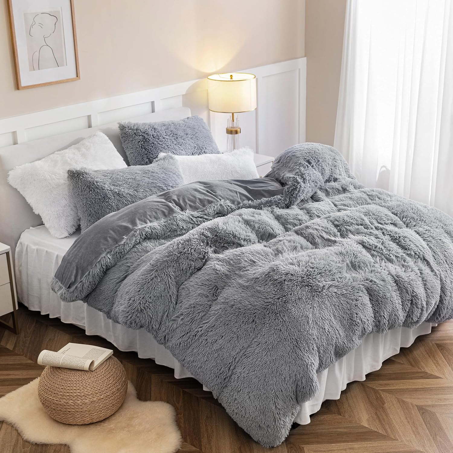 Dreamcountry Plush Fluffy Oeko-TEX Certified Luxury Ultra Soft Shaggy Crystal Velvet Bedding Comforter Set 3 Pieces(1 Duvet Cover + 2 Pillow Shams) Zipper Closure(King, Light Gray) image 2