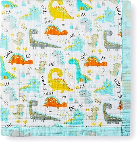 Jay & Ava Manta suave de algodón para bebé, 42 x 42 pies, manta de muselina de 4 capas para cuna, dinosaurio verde
