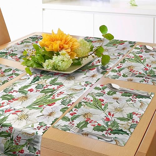 Ambesonne Watercolor Table Runner & Placemats, Christmas Themed Floral Poinsettia Berries Winter Inspirations Leaf, Set for Dining Table Decor,