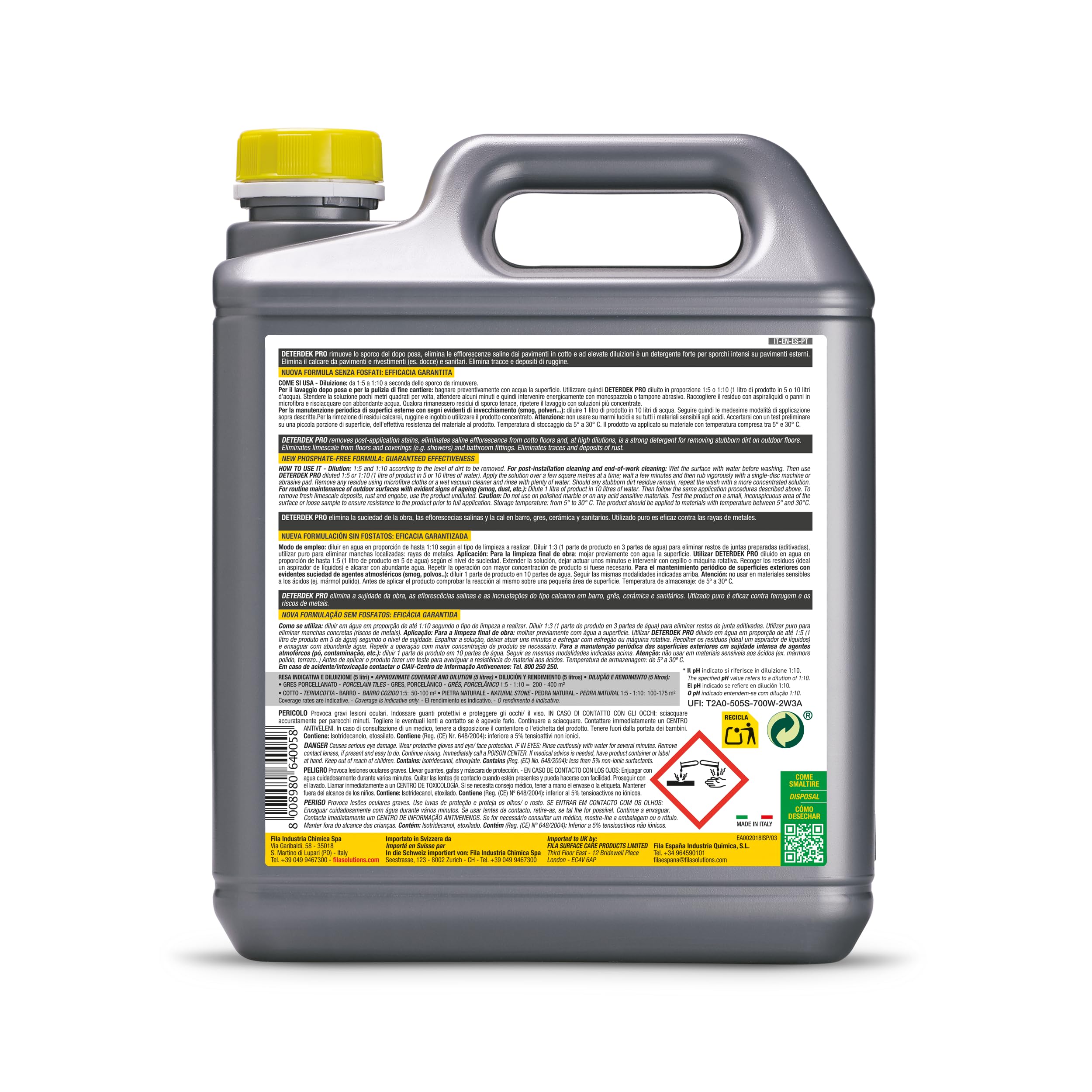 FILA Surface Care Solutions DETERDEK 5L - Concentrated Acidic Cleaner for Porcelain and Ceramic Tiles