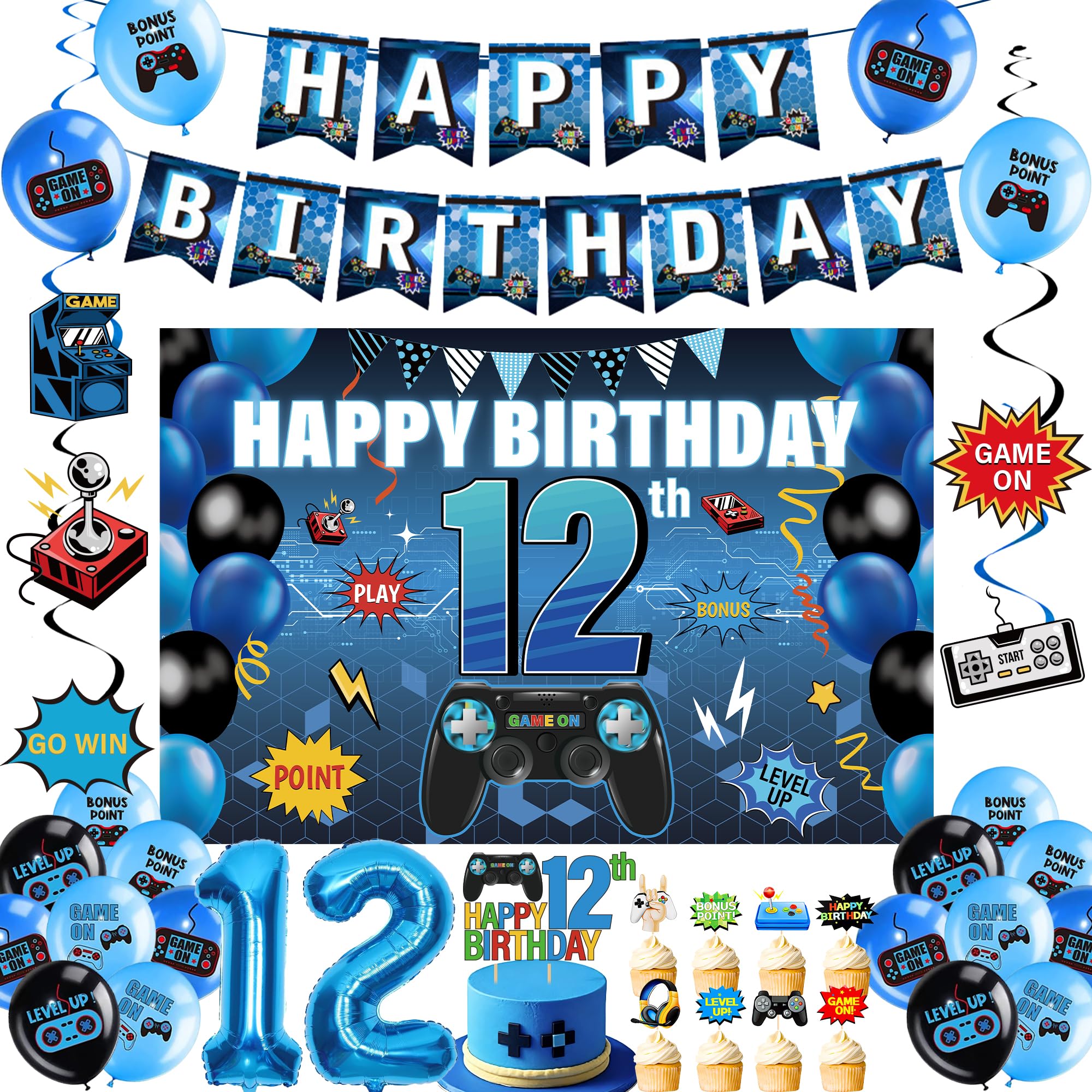 12th Birthday Decorations Boy Banner - 32 Pcs Blue Gaming Theme Balloons Decorations with Happy Birthday Banners Backdrop Hanging Swirls Foil Balloons Cake Topper for Boys 12 Years Old Party Supplies