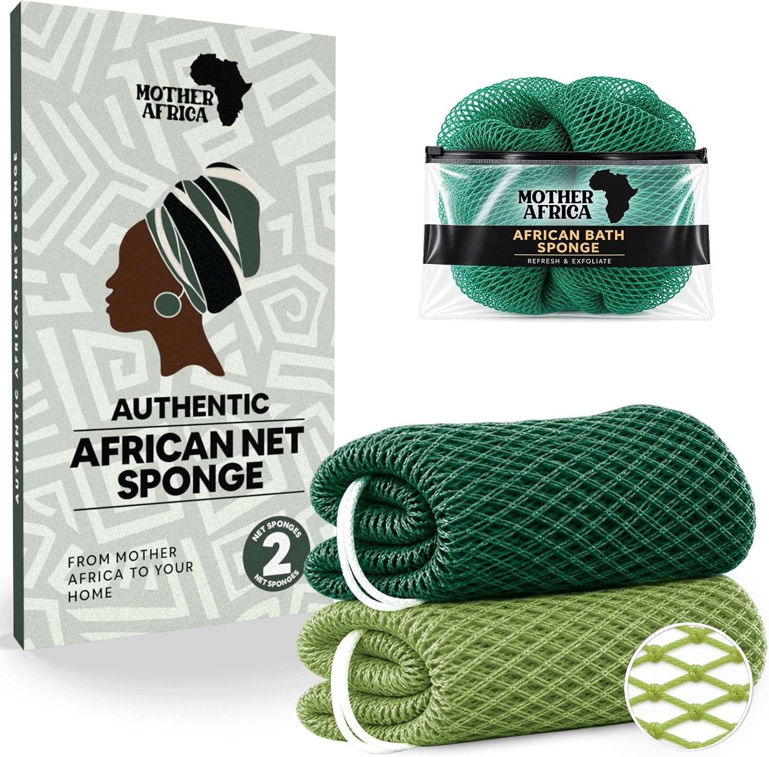 MOTHER AFRICA African Net Sponge Authentic with Knots 2 Pack Exfoliating Washcloth Body Scrubber Bath Sponge for Shower Loofah Gentle Deep Cleansing Back Scrubber Face & Body Men & Women