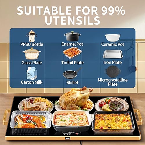 Miniatura 4 de Bandeja de calentamiento eléctrica (XXL 32 x 18 pulgadas), calentadores de alimentos para fiestas, bufé con termostato y calefacción de superficie