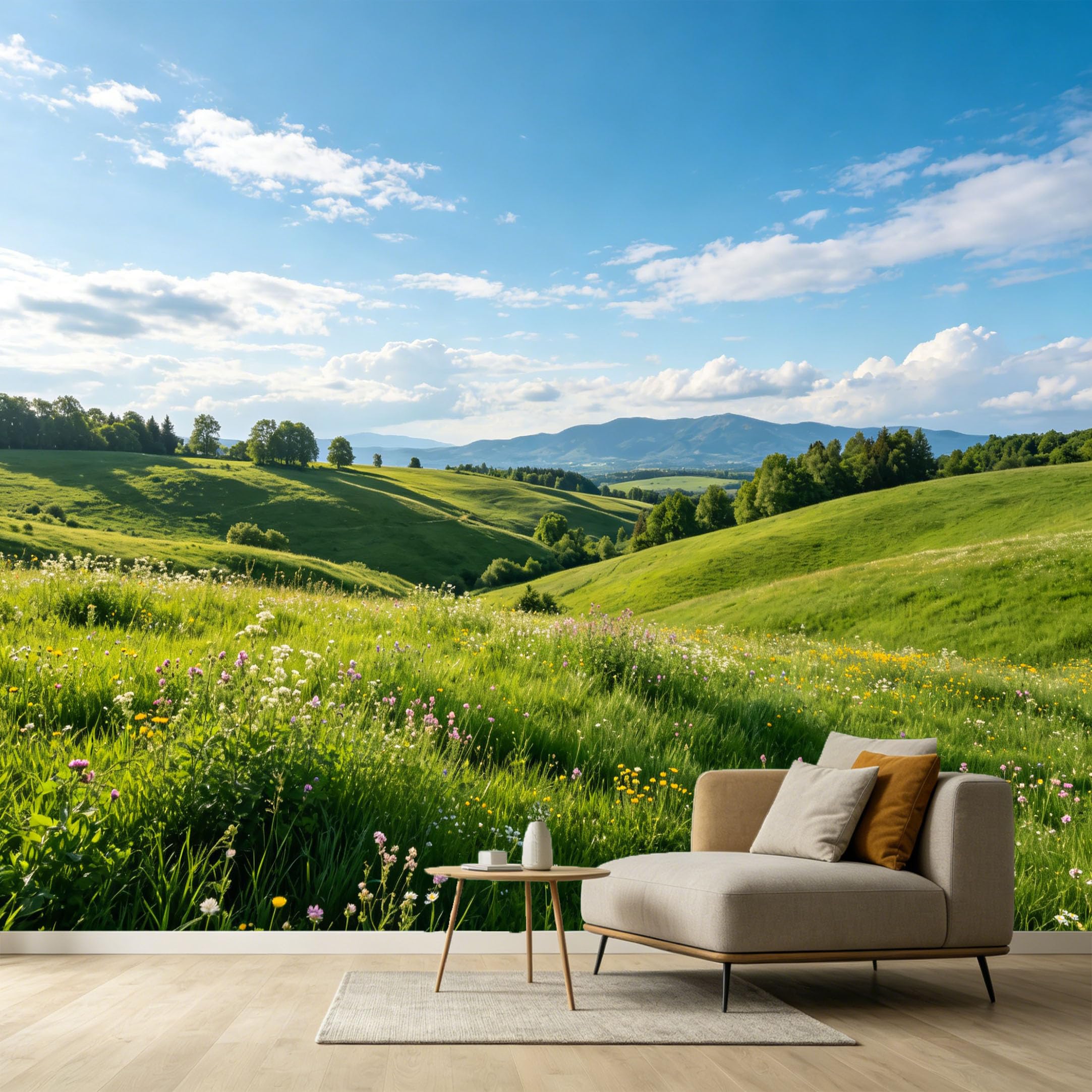 Custom Size Wall Murals Rolling Hills Meadow Landscape Farmhouse Style Mountain View SelfAdhesive Wall Fabric Removable Large Wallpaper for Photo Living Room