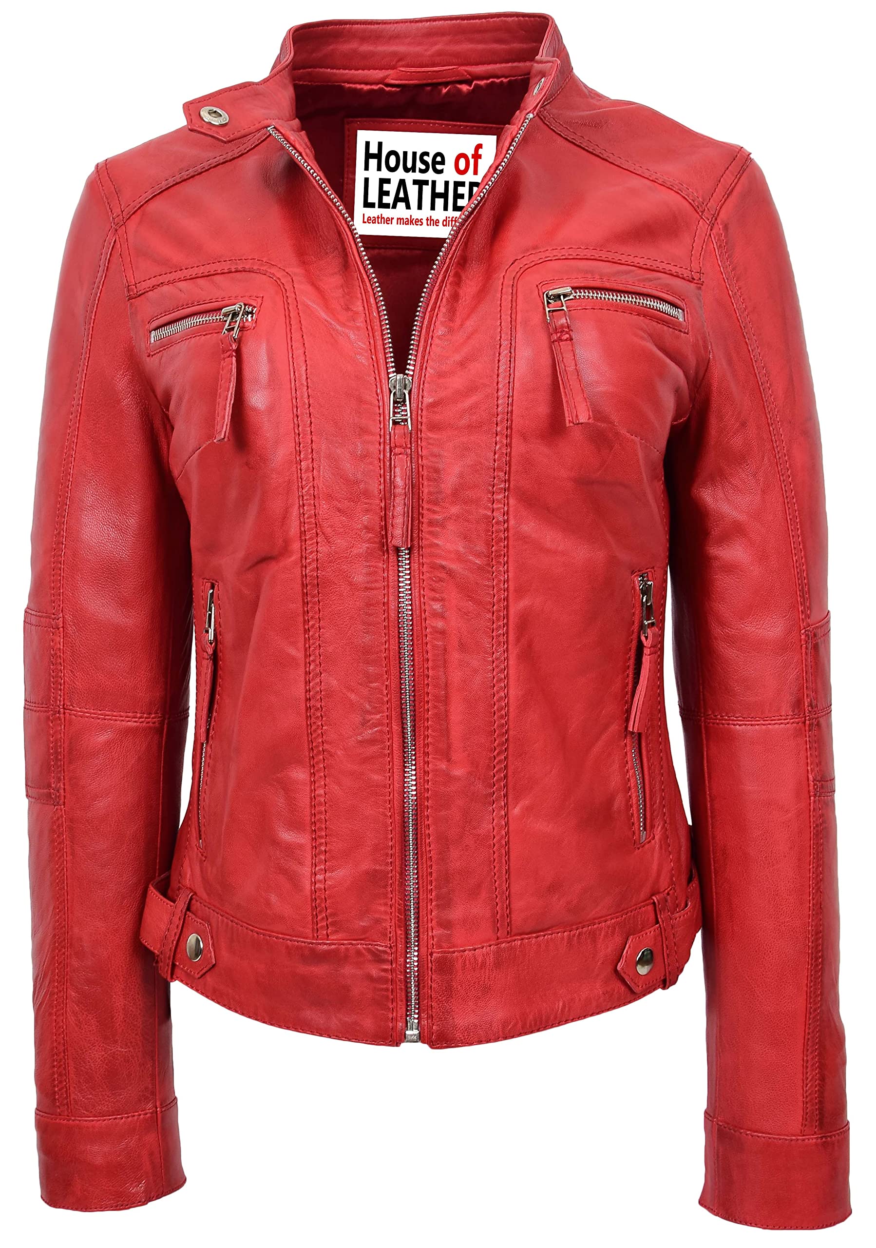 Womens Real Leather Biker Jacket Casual Style Annie (16, Red)