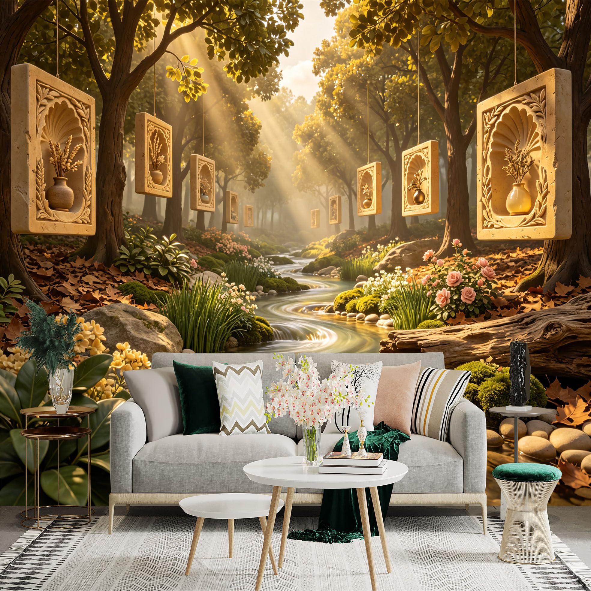 Lnzczhyre Bh260719468 Custom Size Wall Sticker Mural， Enchanted Forest Stream With Hanging Stone Frames， Peaceful River Landscape， Sunbeams Through Trees， For Wall Decoration， Peelandstick Wall Decals.
