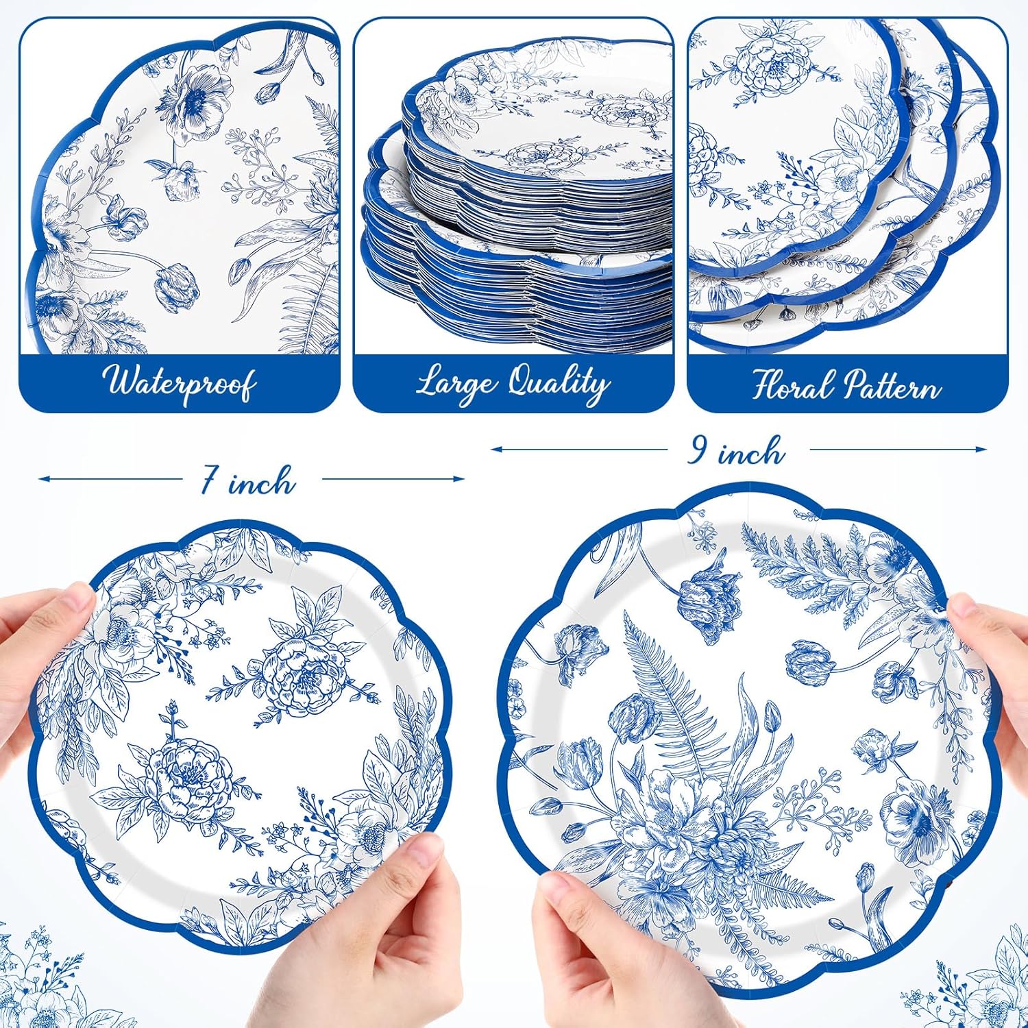Mumufy 100 Pack Blue Floral Paper Plates 9 & 7 Disposable Wildflower Dessert Plates Scalloped Toile Flower Dinner Decoration for Christmas Wedding Baby Shower Birthday Bridal Tea Party Supplies